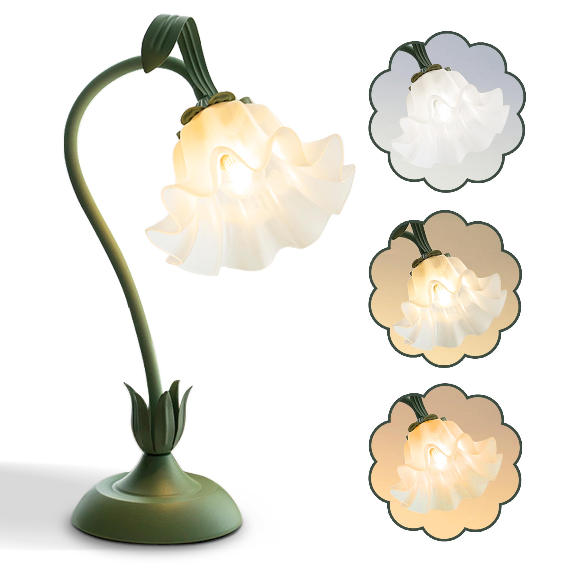 Vintage Flower Table Lamp - 3 Color Modes LED Reading Light, Kawaii Bedside Night Light for Living Room & Bedroom Decor, Home Lighting Accessories (Green) | Perfect for Cozy Reading, Relaxing Ambiance & Stylish Home Decor