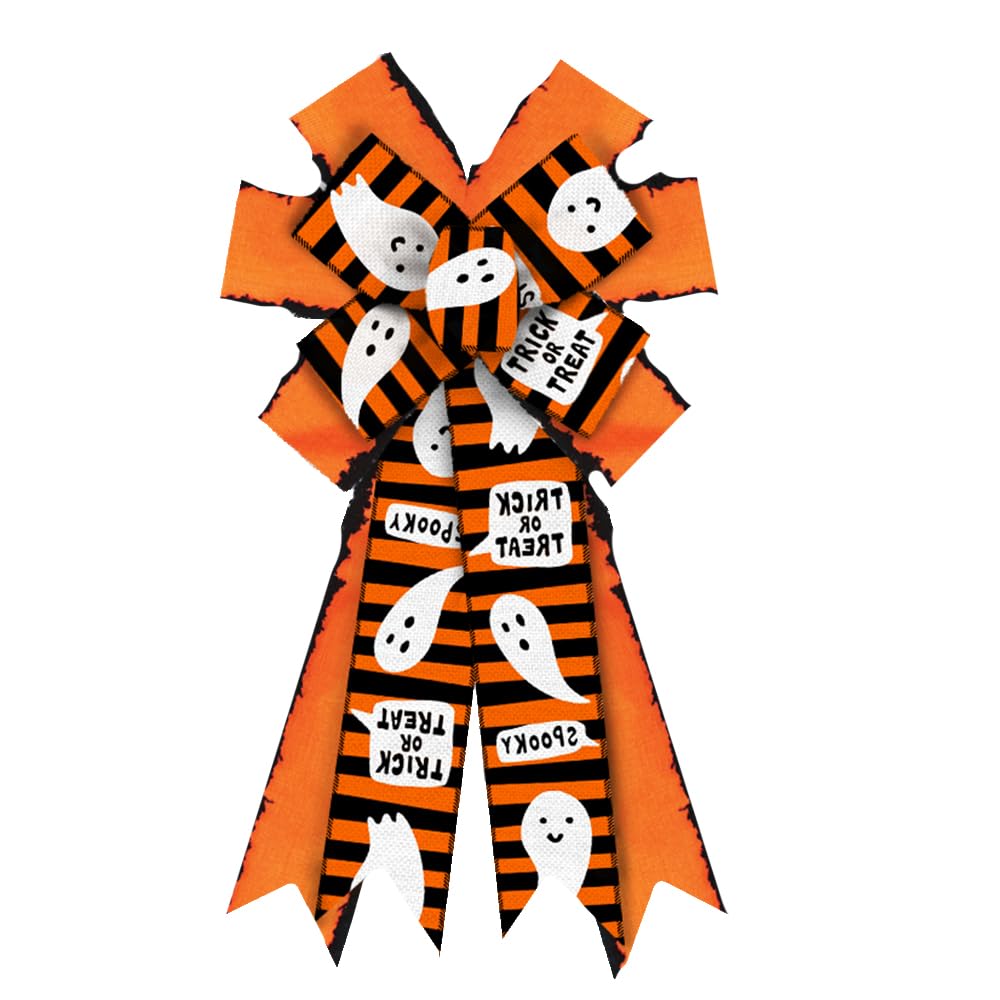 Large Halloween Wreath Bows - Orange Ghost Stripe Burlap Ribbon Bows for Wreaths, Tree Toppers & Home Decor - Indoor/Outdoor Halloween Decoration Supplies (Perfect for Front Door Wreaths, Mantel Decor & Party Decorations)
