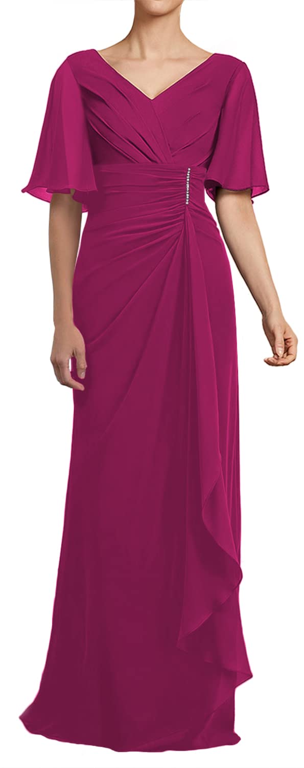 Elegant V-Neck Long Chiffon Wedding Guest Dress for Women - Ruffled Short Sleeve Mother of The Bride Dress for Formal Occasions, Evening Parties & Special Events
