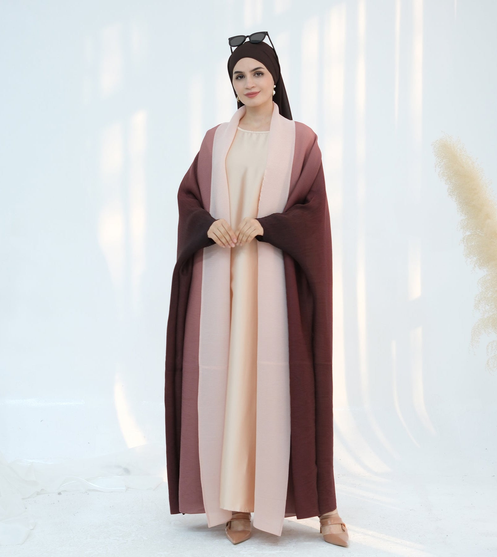Elegant Kenyat Pleated Ombre Kimono Open Abaya in Brick Color - Perfect for Modest Fashion, Prayer Dresses, and Special Occasions