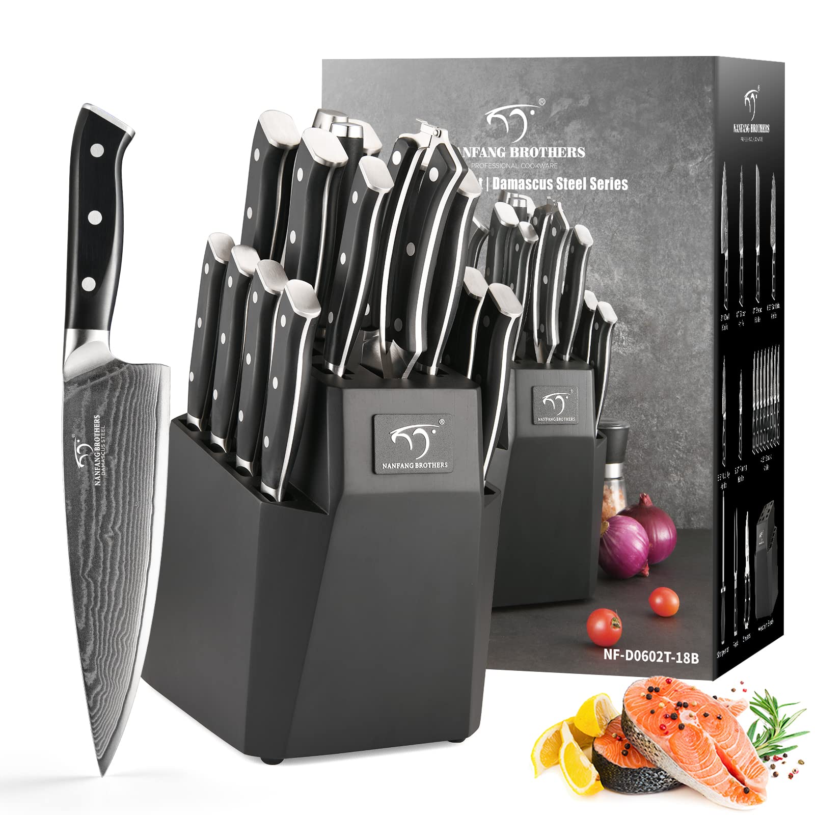 Premium 18-Piece Damascus Steel Knife Set with Block - Chef Knives, Carving Fork, Sharpener & Kitchen Shears - Ergonomic ABS Handles for Professional Cooking & Home Kitchen Use