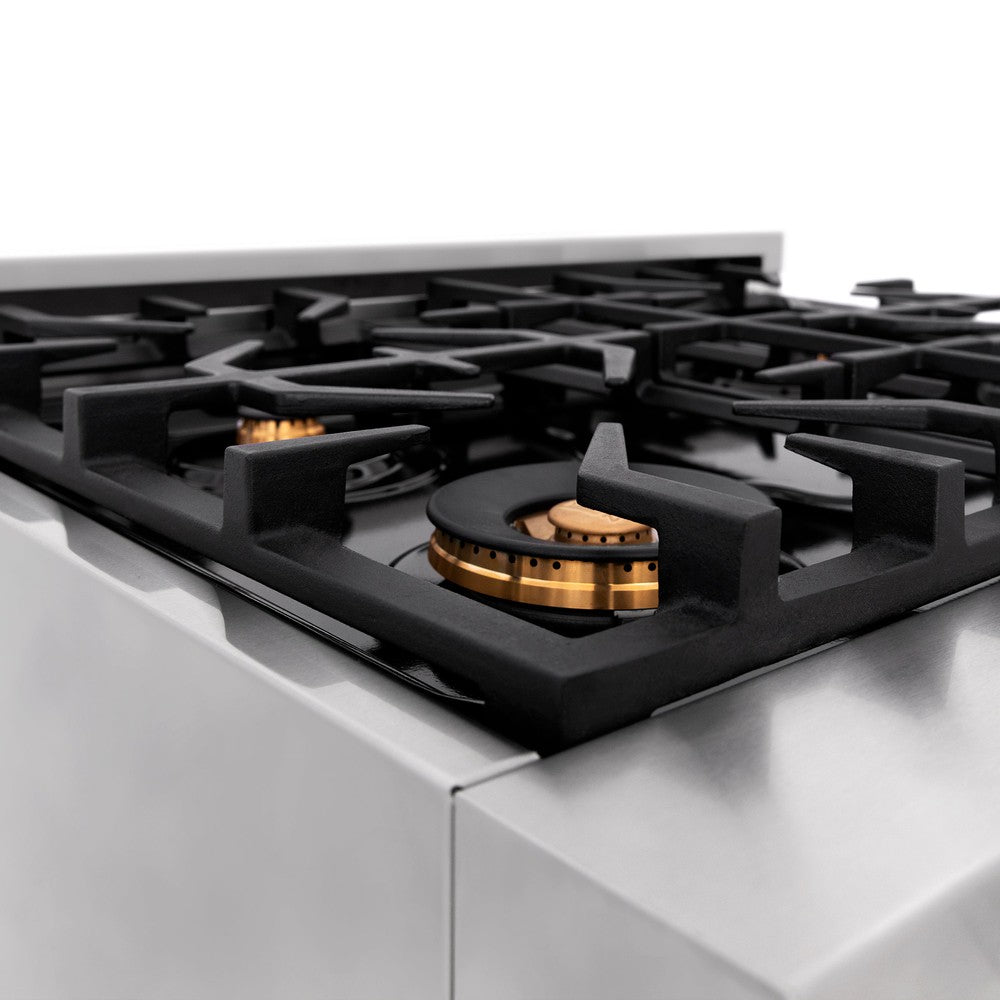 ZLINE 30-inch 4.0 cu. ft. Stainless Steel Dual Fuel Range with Gas Cooktop & Electric Convection Oven - 4 Brass Burners (RA BR 30) for Professional Home Cooking and Baking