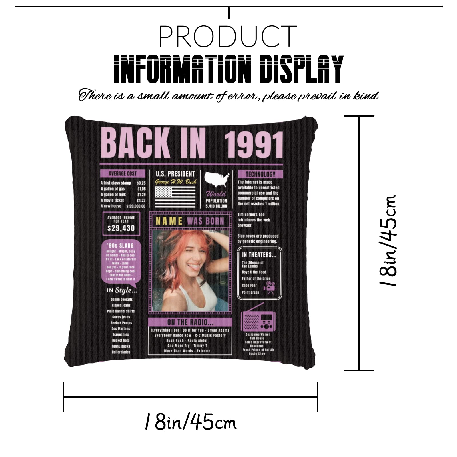 33rd Birthday Gifts for Women & Men - Custom Purple 1991 Throw Pillow with Soft Pillowcase | Unique 33 Year Old Birthday Decor for Parties, Home Decor & Anniversary Gifts