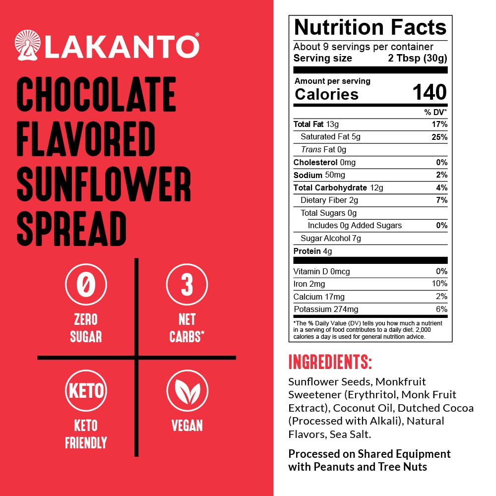 Sugar Free Chocolate Sunflower Spread with Monk Fruit Sweetener - Keto, Vegan, Low Carb, Dutch Cocoa Healthy Alternative | Perfect for Breakfast Toast, Dessert Topping, Snack Dip & Baking (10 oz)