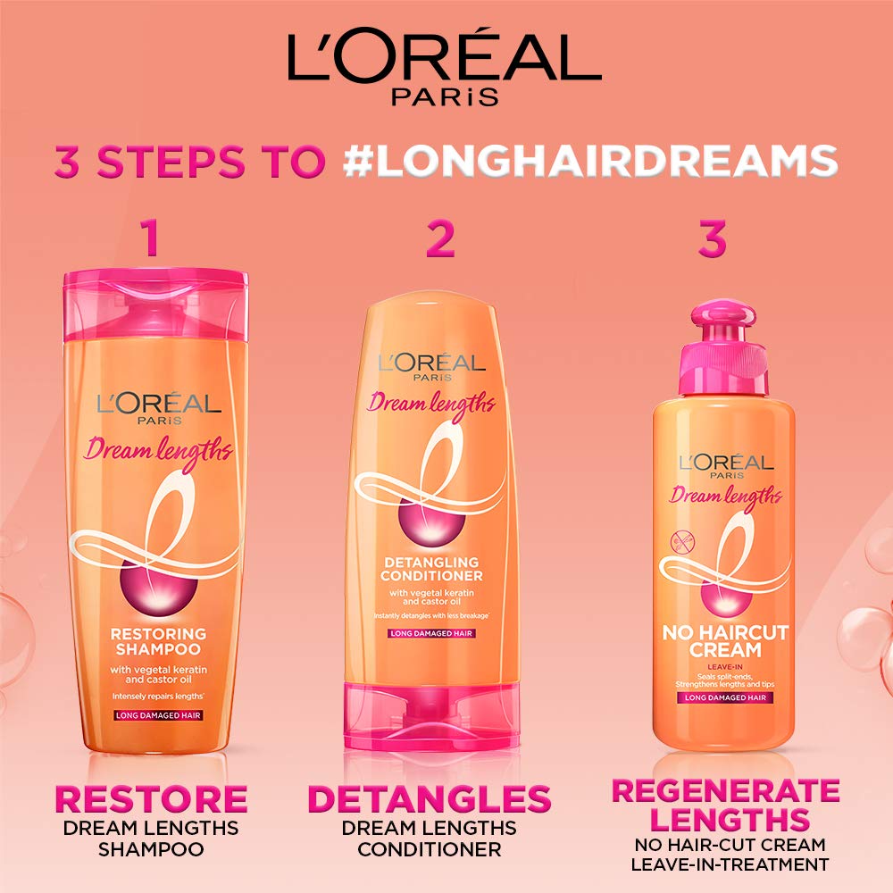 L'Oréal Paris Dream Lengths Nourishing & Repairing Conditioner for Long, Damaged Hair - 180ml (Pack of 2) | Deep Hydration & Shine | Salon-Quality Hair Care for Dry, Brittle Hair | Perfect for Daily Use & Post-Color Treatment