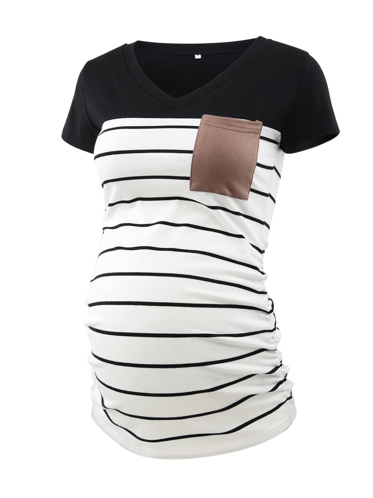 Ecavus Women's Casual Maternity T-Shirts - Soft Short Sleeve V-Neck Colorblock Pregnancy Tops with Pocket | Comfortable for Daily Wear, Maternity Photos & Nursing