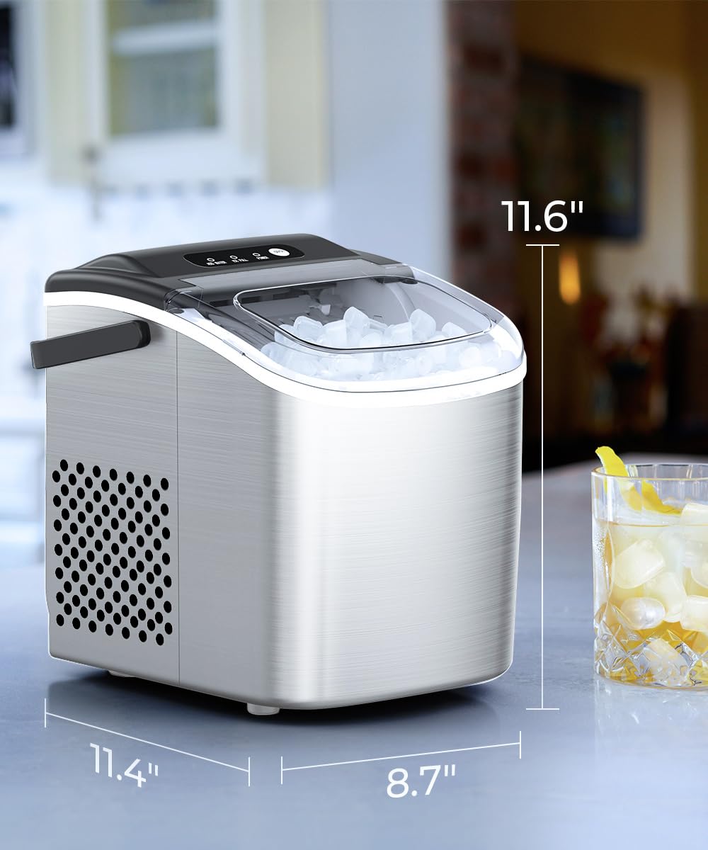 Portable Stainless Steel Countertop Ice Maker Machine - 26.5lbs/24Hrs, 9 Bullet Ice Cubes in 6 Minutes, Self-Cleaning Function | Perfect for Home, Office, RV, Parties & Outdoor Activities | Great Gift Idea for Holidays & Housewarming