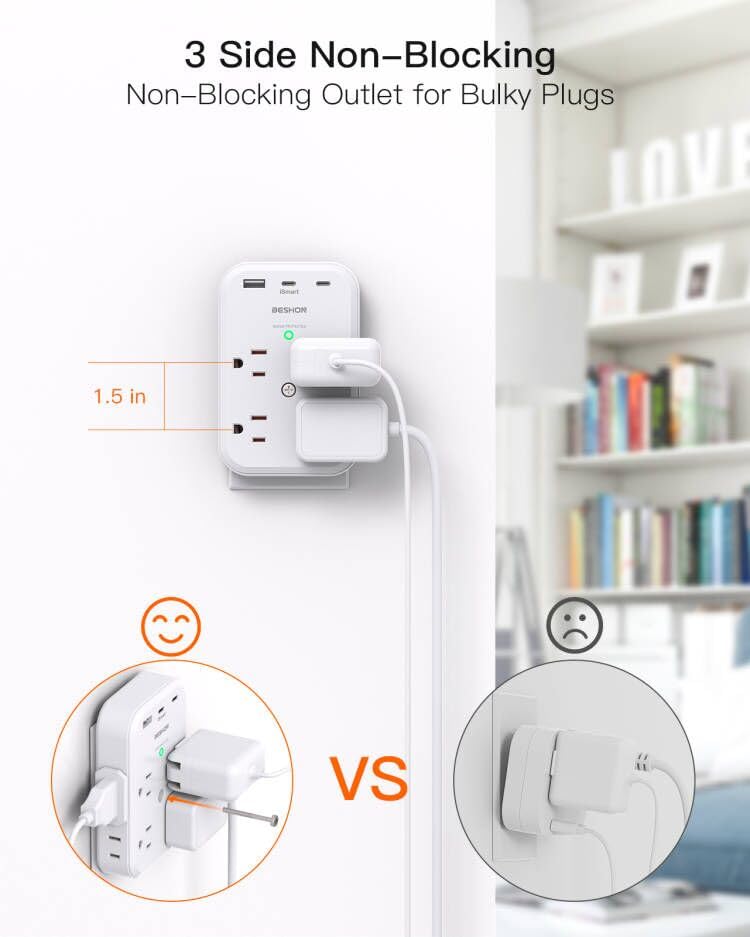 BESHON 8-Outlet Surge Protector with 3 USB Ports (2 USB-C) | 900J Power Strip | 3-Sided Wall Charger | Multi Plug Outlet Extender for Home, Office, Travel & Dorm Room | Spaced Outlets for Large Plugs