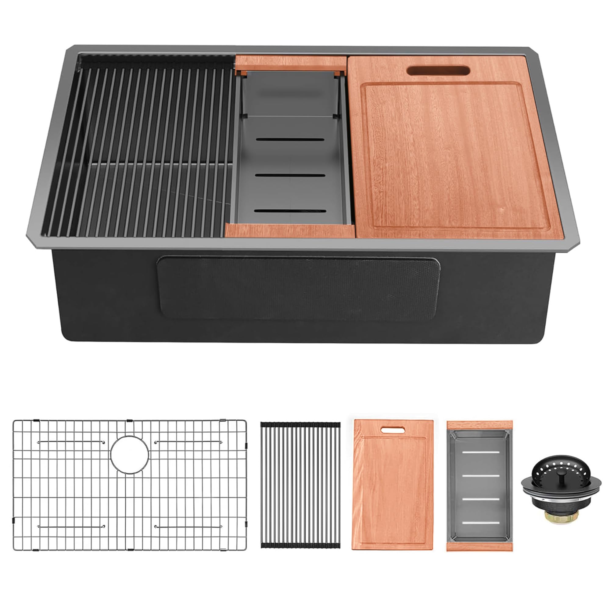 30 Inch Black Undermount Kitchen Sink - 16 Gauge Stainless Steel Single Bowl Workstation Sink with R10 Round Corners, Ledge & Accessories (5-Pack) - Perfect for Modern Kitchens, Restaurants & Food Prep Areas