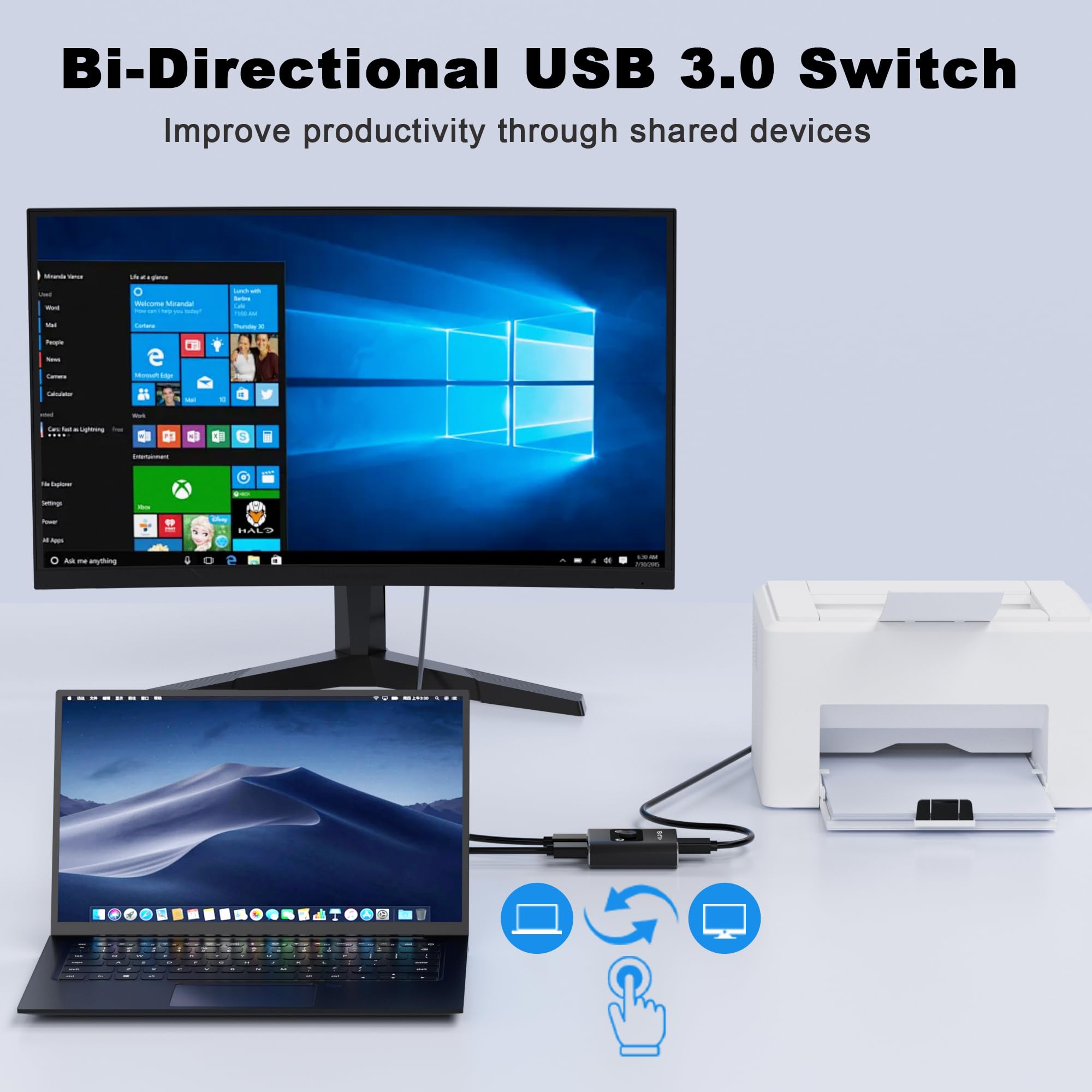 USB Switch 2-in-1/1-in-2 for Printer, Mouse & Keyboard - Windows/Mac/Linux