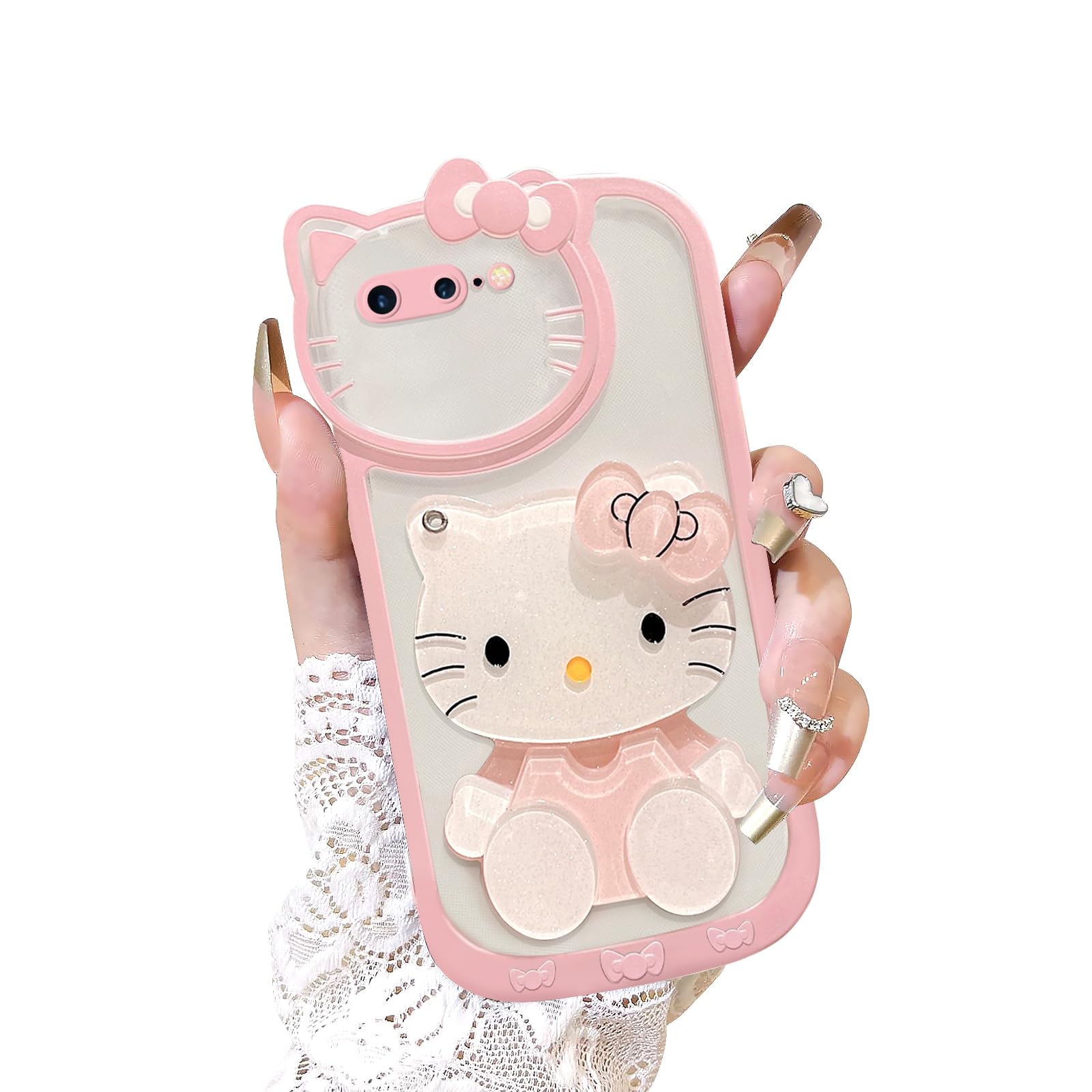 Cute Pink Kawaii Cartoon Phone Case for iPhone 7/8/SE with Mirror - Stylish Makeup Mirror Protective Cover for Girls - Perfect for School, Work & Everyday Use
