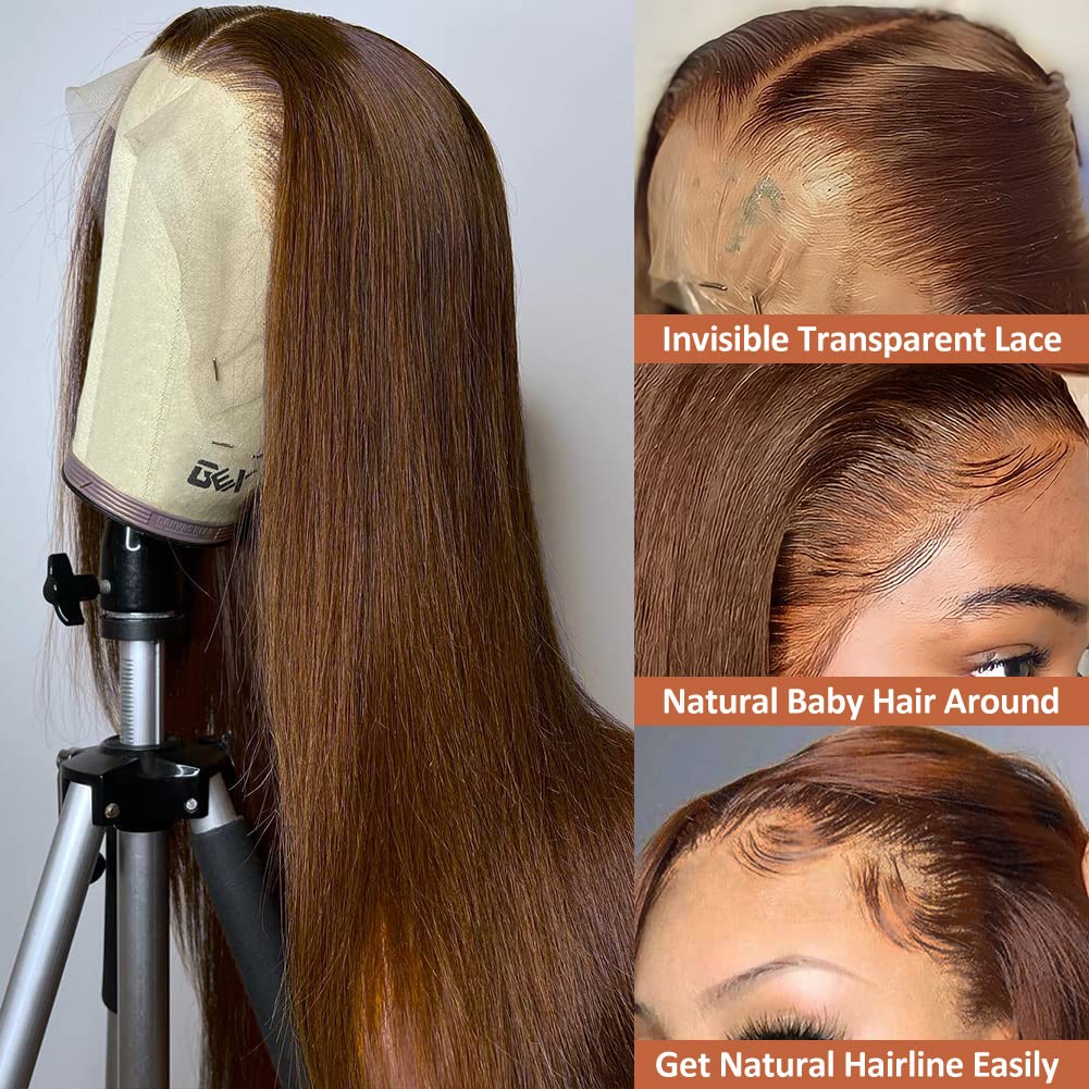 Flady Glueless Brown Straight Human Hair Wigs with Pre Plucked HD Lace Front - 150% Density Dark Brown Wig for Women (Natural Hairline) | Perfect for Daily Wear, Cosplay, and Special Occasions