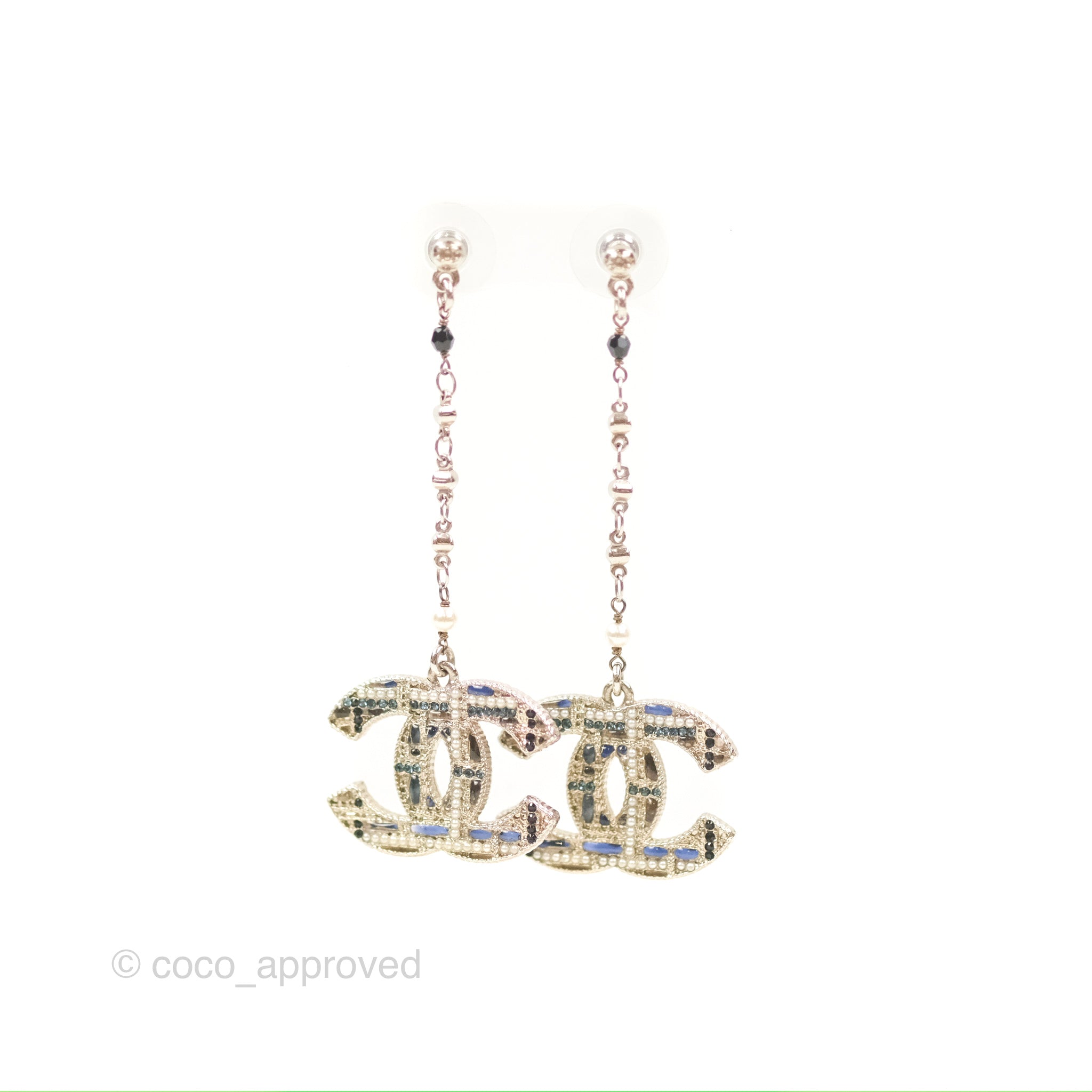 Chanel CC Pearl Resin Drop Earrings Silver Tone 19B - Elegant Pearl Dangle Earrings for Women, Luxury Fashion Jewelry Gift for Party, Wedding & Special Occasions