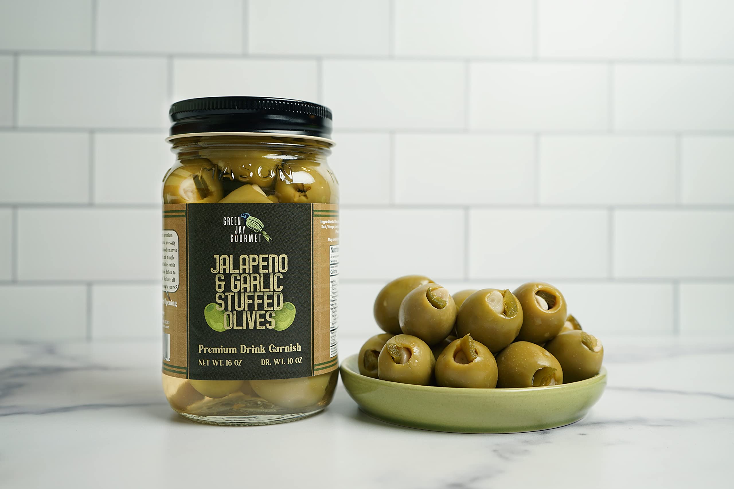 Premium Green Jay Gourmet Double Stuffed Olives - Jalapeno & Garlic Stuffed Large Green Olives (16oz) | All Natural Gourmet Olives for Dirty Martinis, Cocktail Garnish, Charcuterie & Cheese Boards | Perfect for Parties, Home Bars & Gourmet Cooking