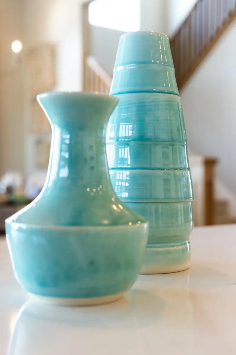 Set of 2 Medium & Large Clear Turquoise Decorative Vases - Modern Home Decor for Living Room, Dining Table & Wedding Centerpieces
