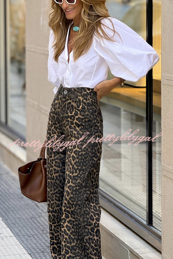Wild Feel Denim Leopard Print High Rise Wide Leg Pocketed Jeans for Women - Trendy Vintage 90s Style Distressed Jeans for Casual Outfits, Streetwear & Night Out