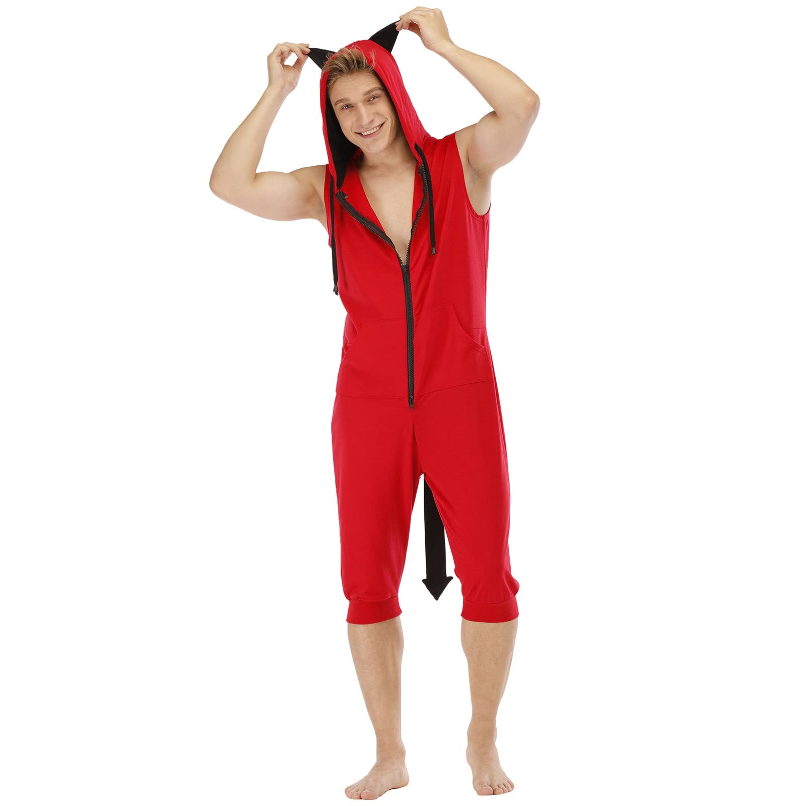 Men's Funny Short Sleeve Zipper Hooded Jumpsuit - Summer Spring Casual Outfit for Exercise & Outdoor Activities | Breathable Comfortable Workout Romper for Gym, Running, and Streetwear Fashion