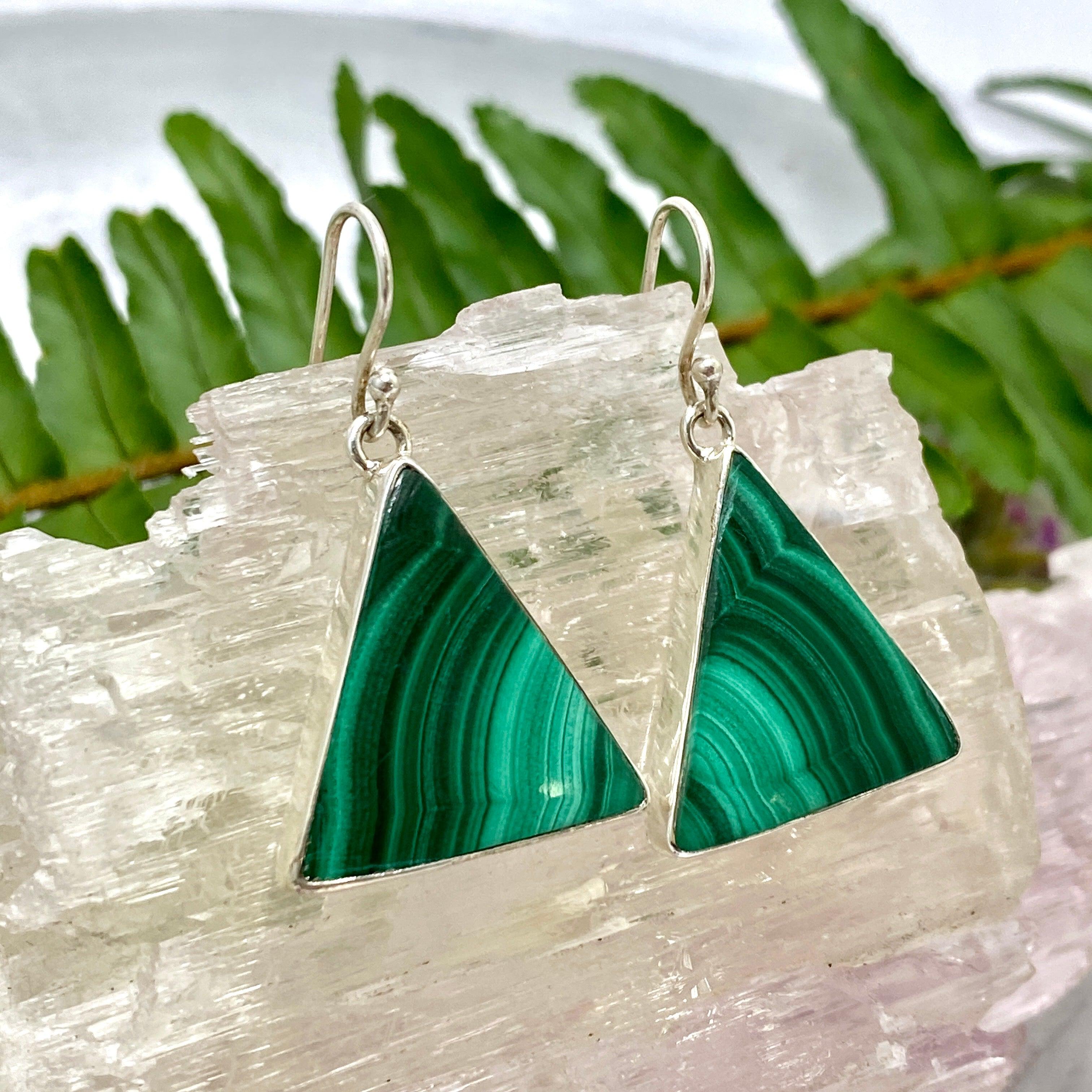 Natural Malachite Triangular Earrings for Women - Handmade Green Gemstone Dangle Earrings - Perfect for Boho, Hippie & Casual Outfits
