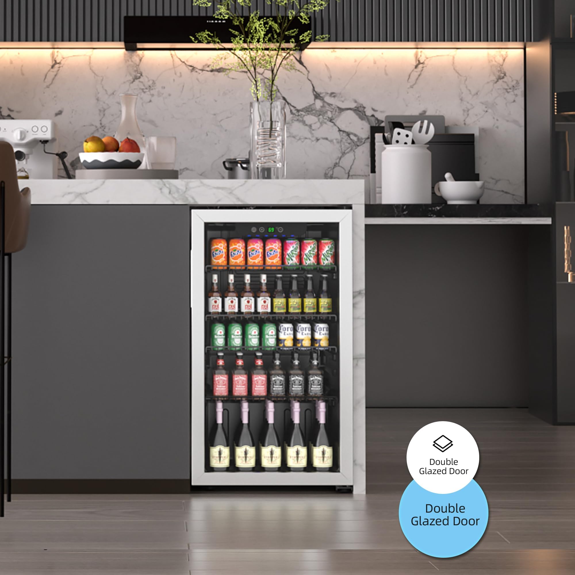Compact 3.2 Cu Ft Freestanding Beverage Refrigerator - 126 Can Capacity Mini Fridge with Glass Door for Soda, Beer & Wine - Adjustable Shelves Under Counter Small Fridge - Perfect for Home Bars, Offices, and Dorm Rooms
