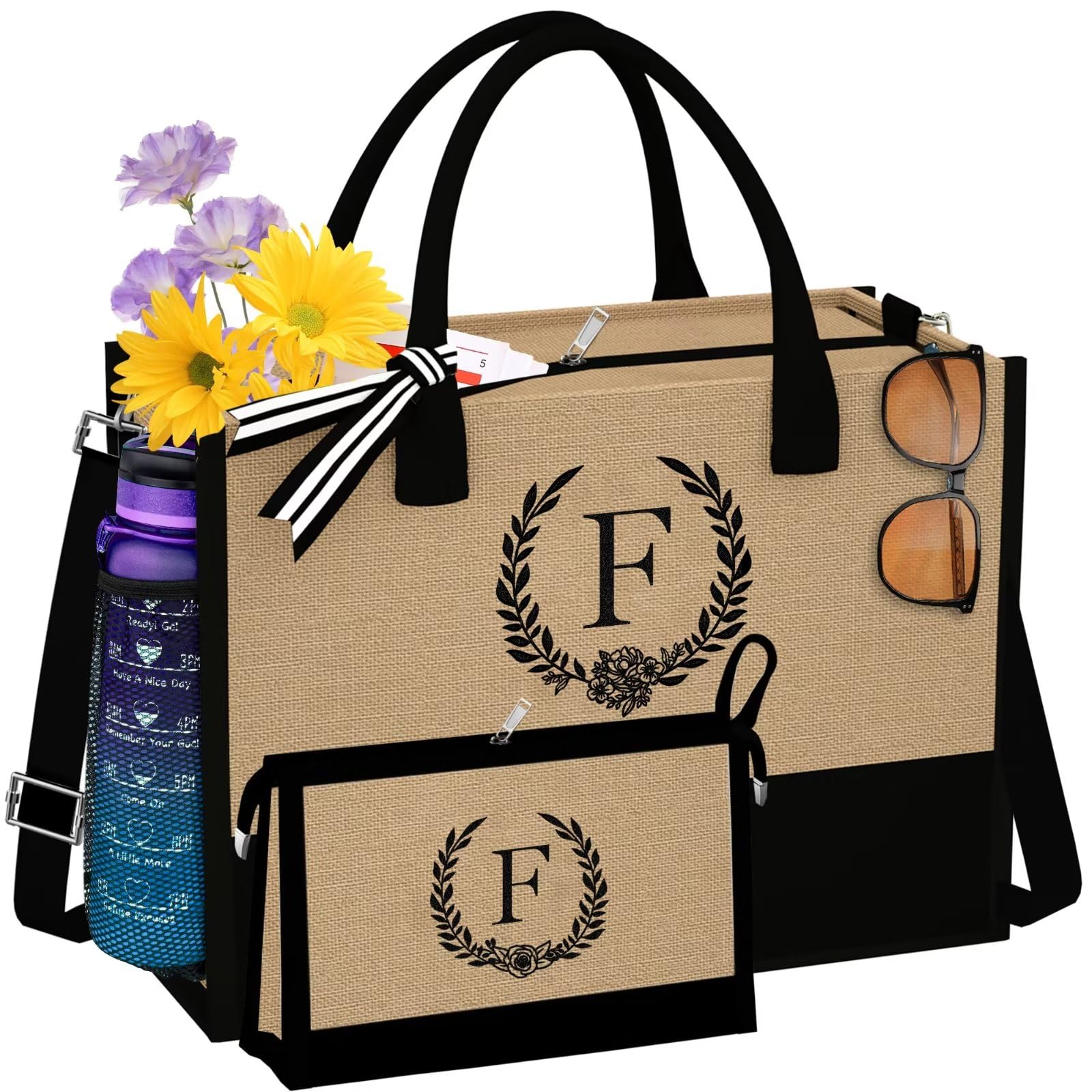 Personalized Initial Canvas Tote Bag with Zipper - Waterproof Makeup Bag, Beach Bag for Women - Great Mother's Day Gift for Mom & Grandma - Perfect for Travel, Shopping & Daily Use