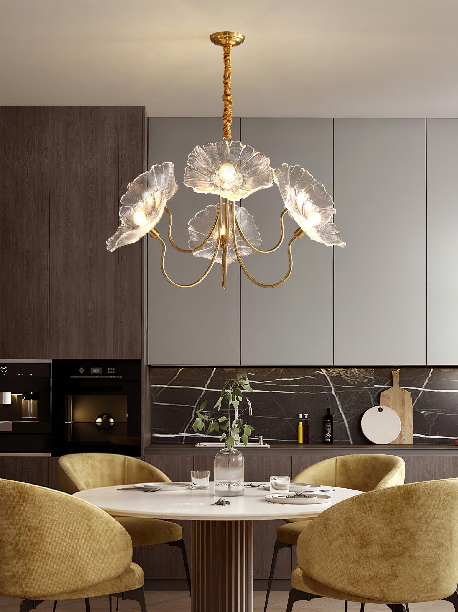 Elegant Lotus Leaf Glass Chandelier - Modern Crystal Ceiling Light Fixture for Dining Room, Living Room, Bedroom Decor | Energy Efficient LED Lighting for Home & Office