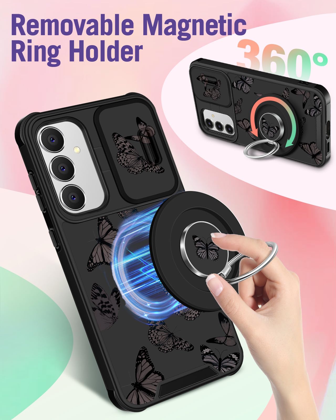 2 in 1 Magnetic Phone Case for Samsung Galaxy S25 Plus/S24 Plus - Cute Butterfly Design Women's Protective Cover with Camera Cover & MagSafe Ring Holder - Perfect for Daily Use, Work and Travel