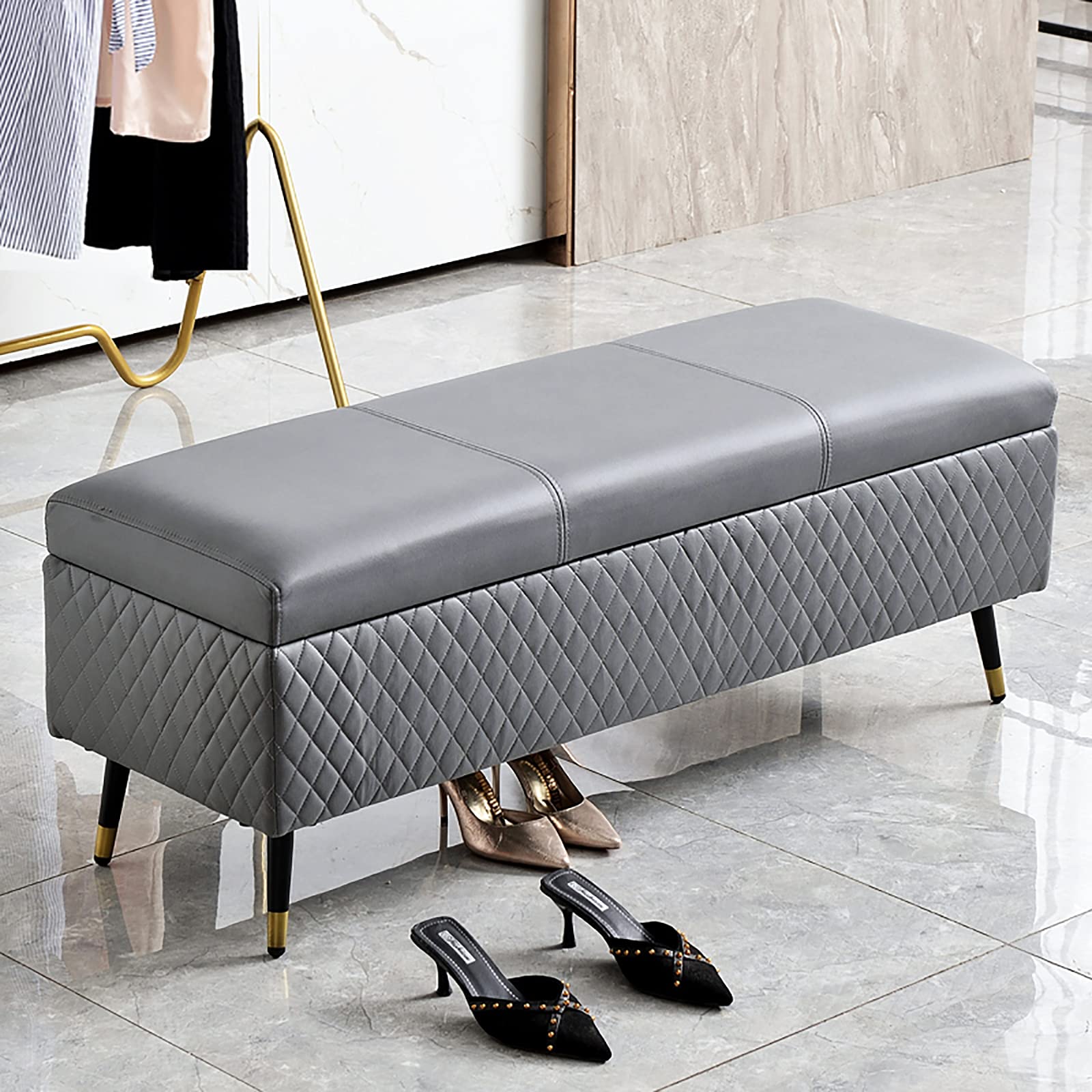 Luxury Faux Leather Storage Ottoman Bench - Rectangular Shoe Organizer, Entryway Seat & Multifunctional Home Decor (Dark Gray, 80x40x45cm/31x16x18in) - Perfect for Living Room, Bedroom & Entryway Organization