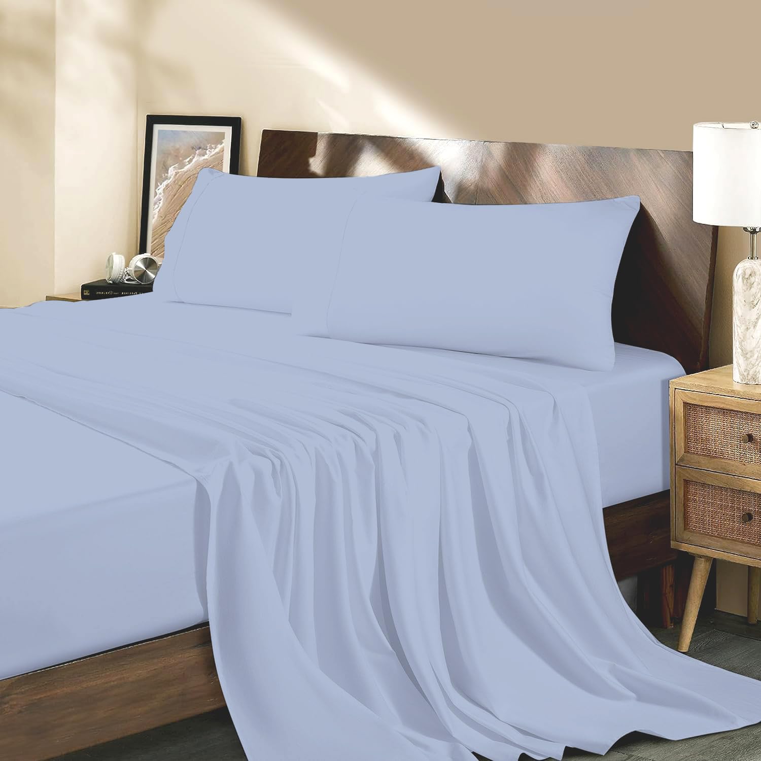 Premium 100% Egyptian Cotton King Sheet Set - 4 Piece Sky Blue Cooling Bed Sheets with 17