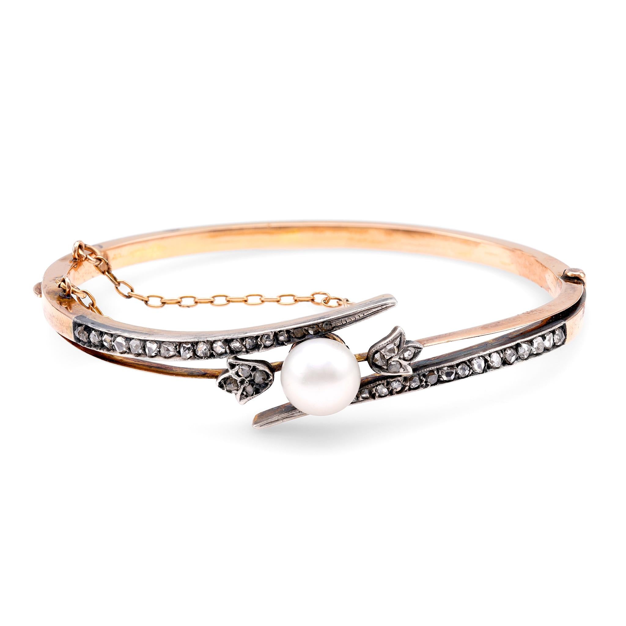 Antique Pearl & Diamond 18K Rose Gold Silver Bangle Bracelet for Women - Elegant Vintage Jewelry Gift for Wedding, Anniversary & Special Occasions