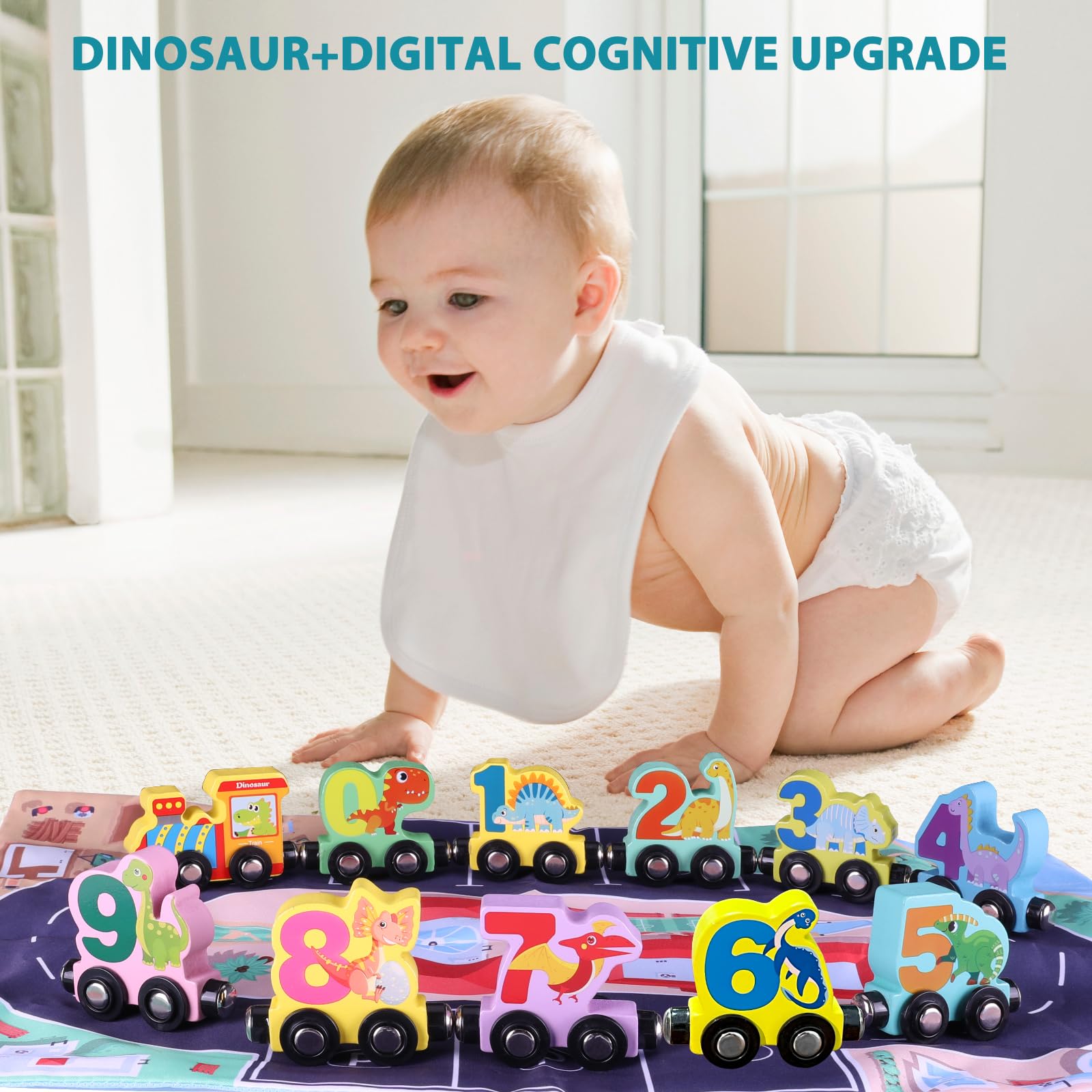 **Magnetic Wooden Dinosaur Train Set for Toddlers 1-4 Years - 11-Piece Montessori Learning Toy with Play Mat & Storage Bag - Perfect Christmas, Birthday, Easter Gift for Kids - Educational Dinosaur Toys for Home & Preschool Play**