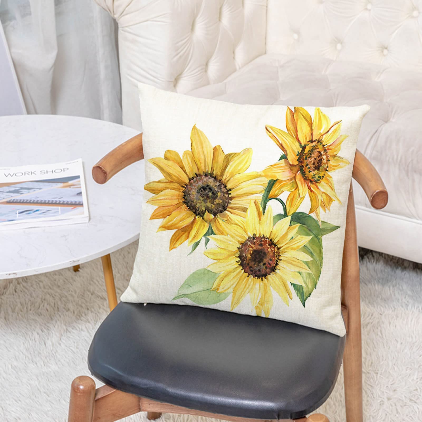 YeeJu Set of 4 Sunflower Decorative Throw Pillow Covers - 20x20 Inch Square Cotton Linen Floral Cushion Covers for Sofa, Couch & Outdoor Furniture - Perfect for Living Room, Patio and Summer Home Decor