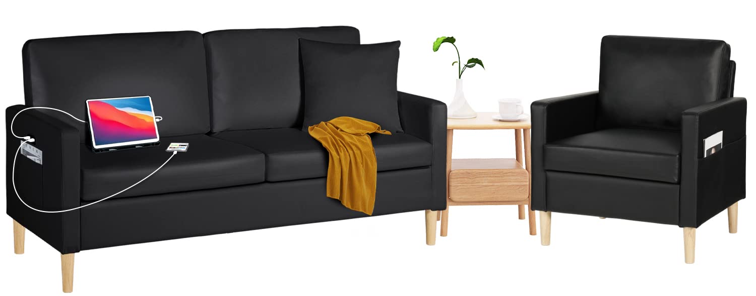 Modern Faux Leather Sectional Sofa Set with USB Charging - 2-Piece Loveseat & Accent Chair for Small Spaces | Perfect for Apartments, Offices & Studios (Black) | Cozy Living Room Furniture for Relaxing & Entertaining