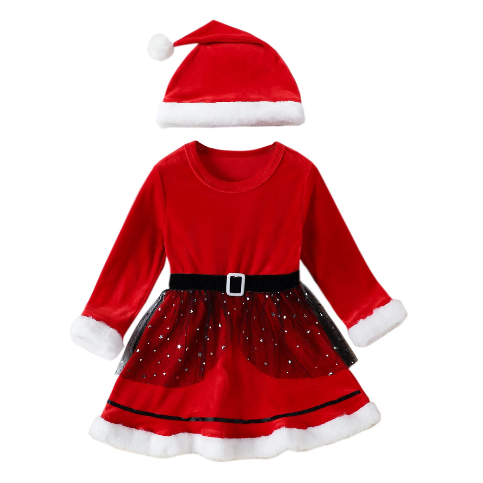 **Baby Girls Christmas Party Dresses - Long Sleeve Fleece & Tulle Princess Dress with Hat Set - Perfect for Holiday Photos, Birthday Parties & Special Occasions**