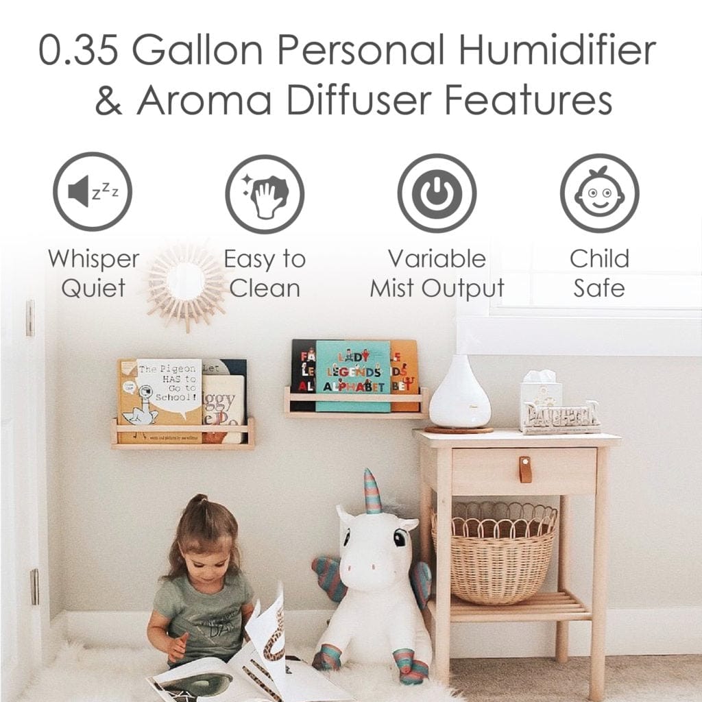 0.35 Gal 2-in-1 Ultrasonic Cool Mist Humidifier & Essential Oil Diffuser for Small Rooms - Quiet Air Moisturizer with Aromatherapy Function for Bedroom, Office, Nursery | White