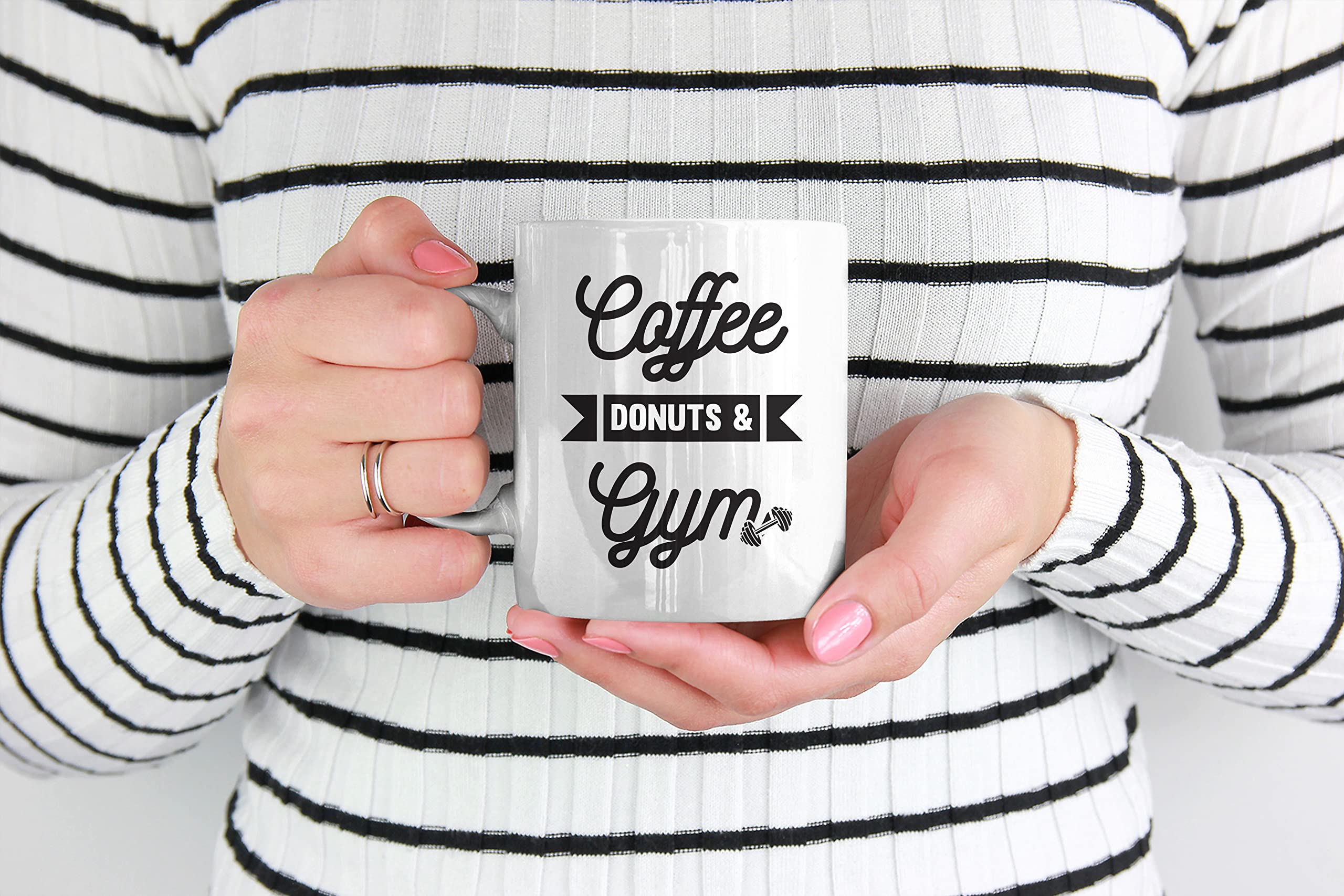 White Ceramic Coffee Mug 11oz - Gym & Donuts Themed for Coffee & Tea Lovers - Perfect for Workouts, Office & Home Use