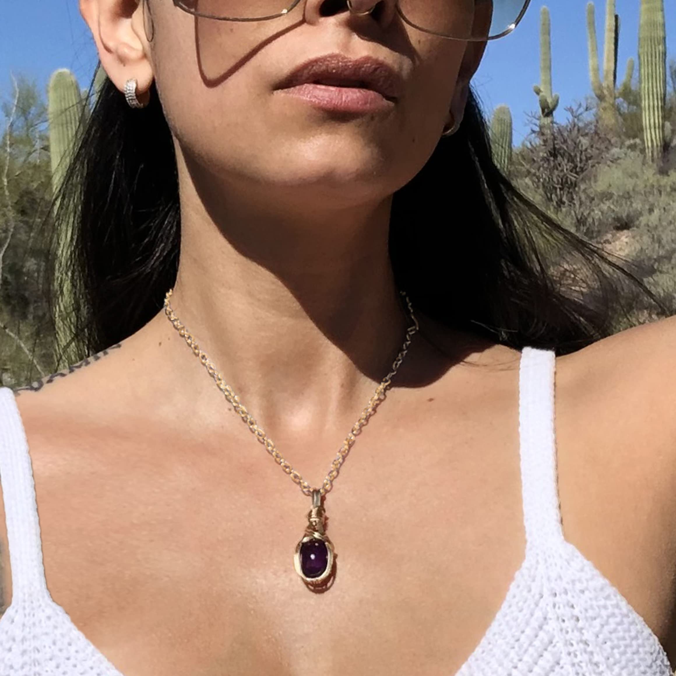 14K Gold Filled Amethyst Crystal Necklace Pendant - AAA Quality Heart Wand Reiki Energy Jewelry for Romance & Healing | Comes with Elegant Gift Box & Black Leather Chain | Perfect for Meditation, Spiritual Gifts & Special Occasions