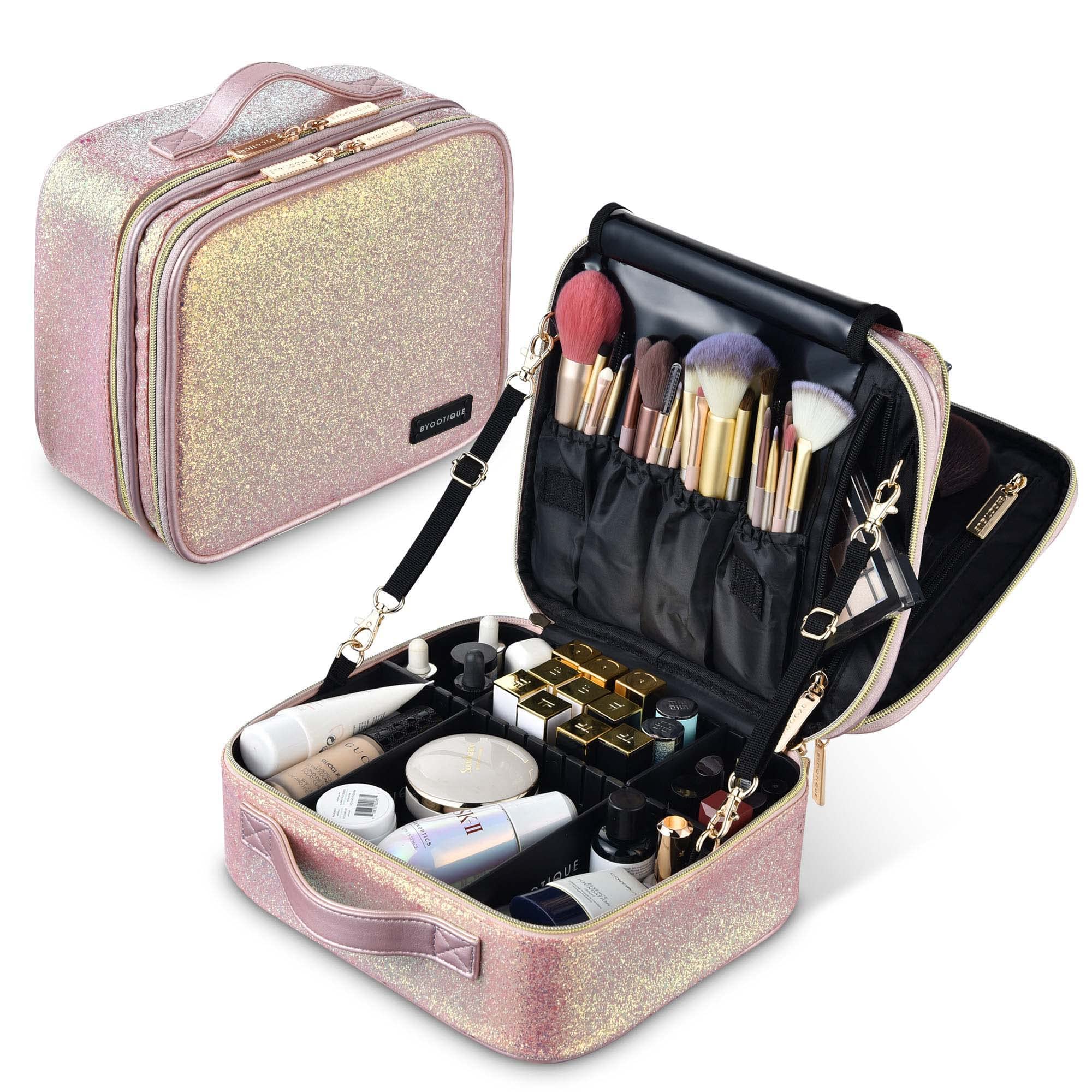 BYOOTIQUE Glitter Pink Travel Makeup Case with Dividers - Portable Cosmetic & Jewelry Organizer for Artists & Travelers