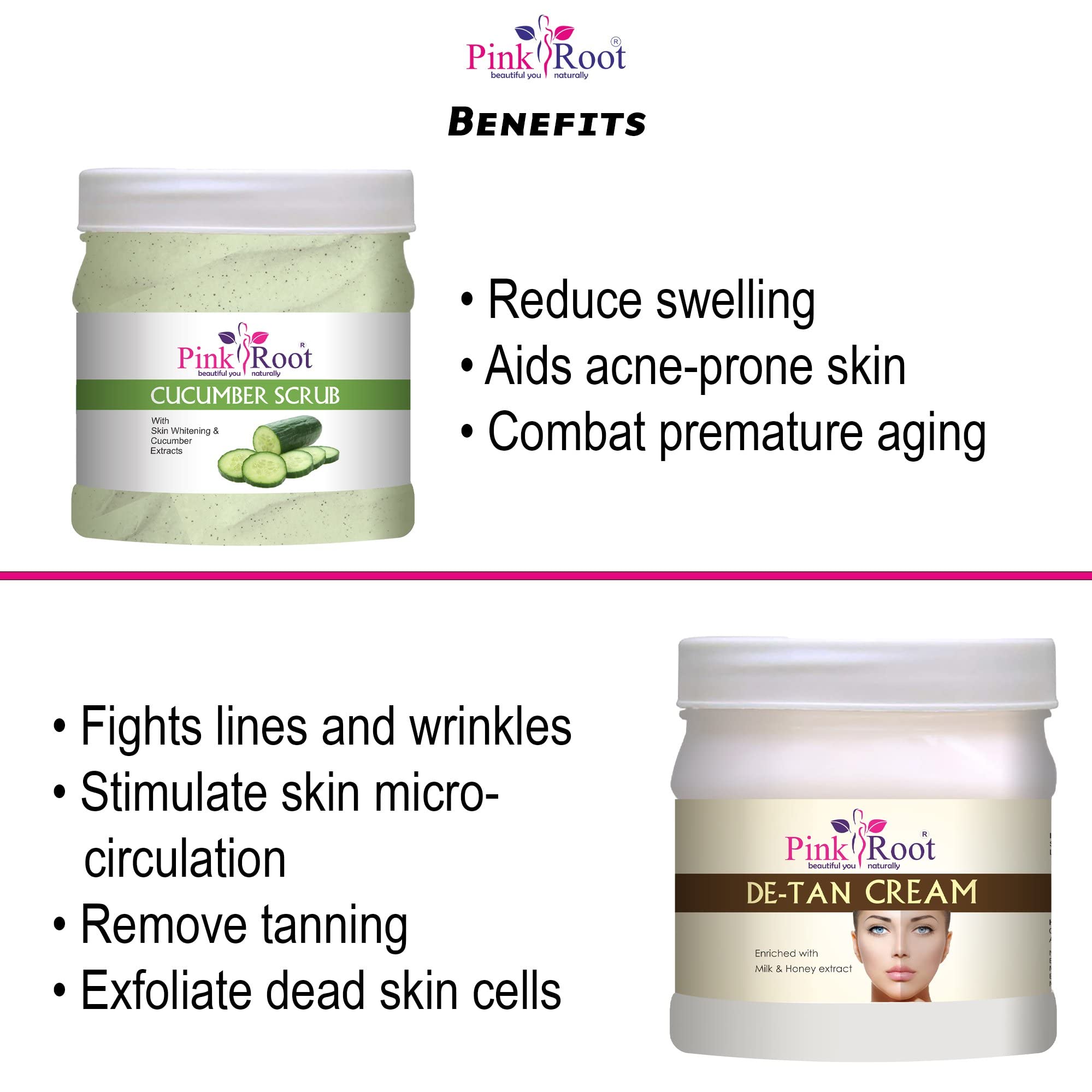 Pink Root Cucumber Face & Body Scrub 500ml with De-Tan Cream 500ml - Brightening Exfoliator for Glowing Skin | Perfect for Spa Day & At-Home Skincare Routine