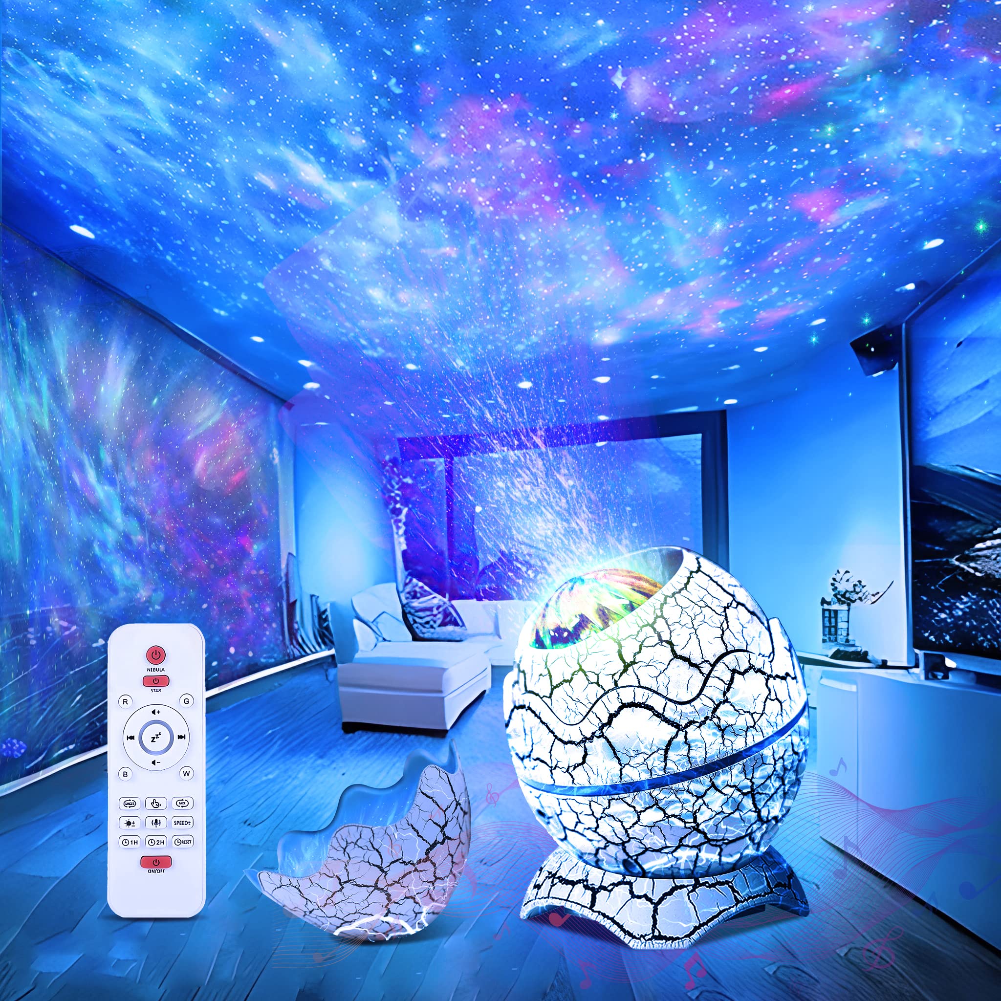 Dinosaur Egg Galaxy Star Projector Night Light with Wireless Music Player, White Noise, Nebula Effect, Timer & Remote Control - Perfect for Kids & Adults Bedroom, Nursery Decor, Relaxation & Sleep Aid