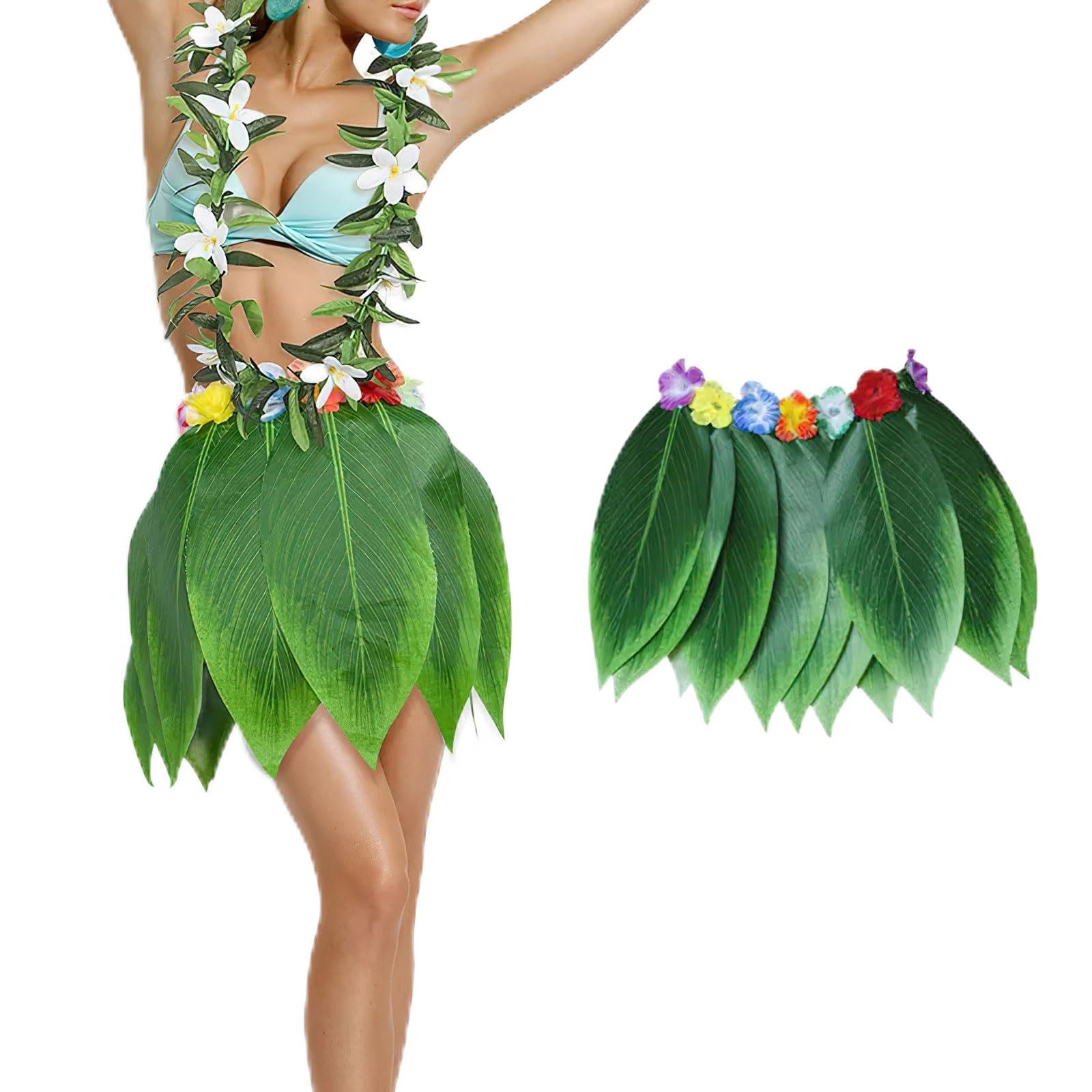 Hawaiian Green Leaf Hula Skirt - 15 Simulated Grass Leaves for Luau Party, Beach Vacation & Summer Decorations | Perfect for Hawaiian Theme Parties, Tropical Costumes & Dance Performances