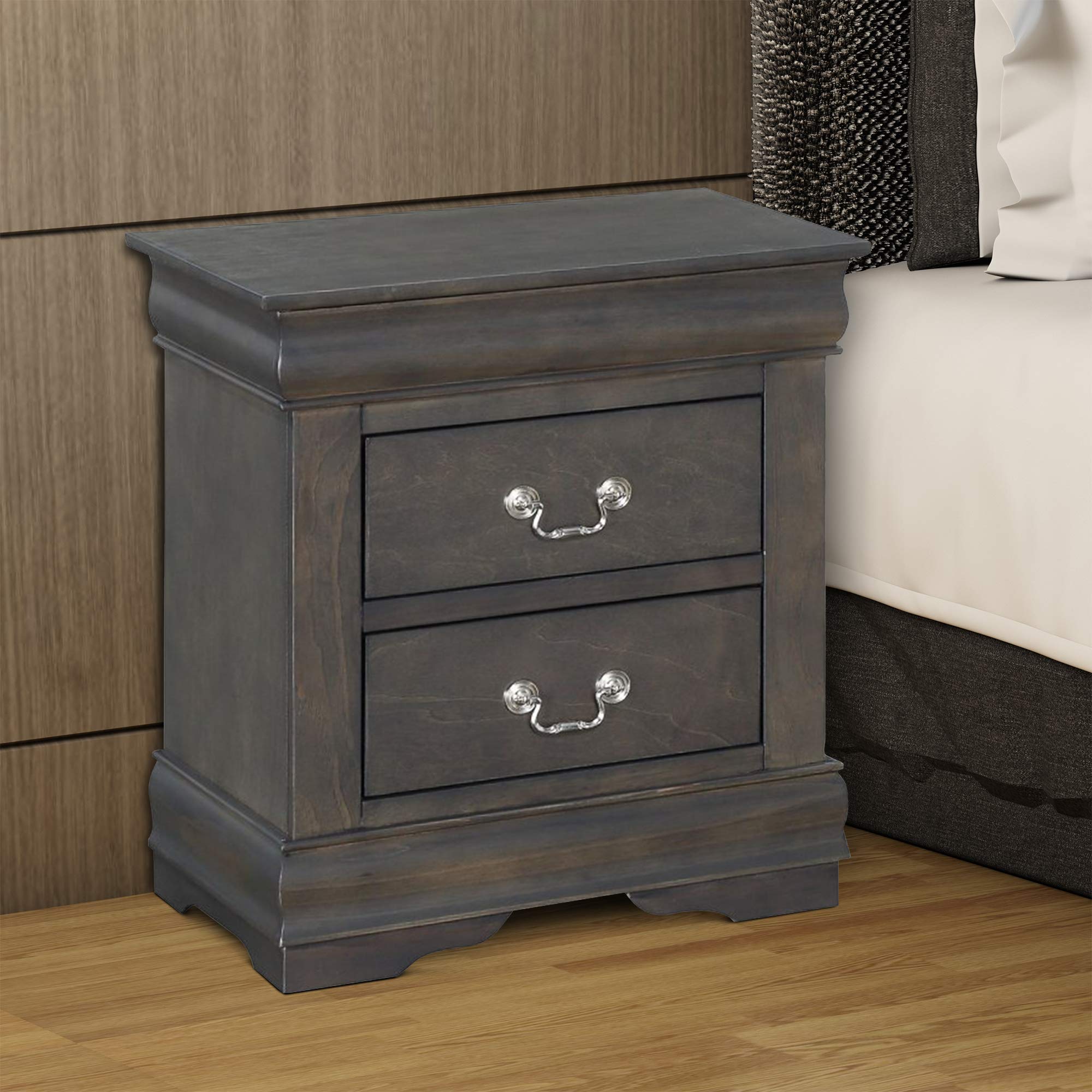 Benjara Gray Wooden Nightstand with 2 Drawers & Metal Handles - Modern Bedside Table for Bedroom, Living Room, or Guest Room