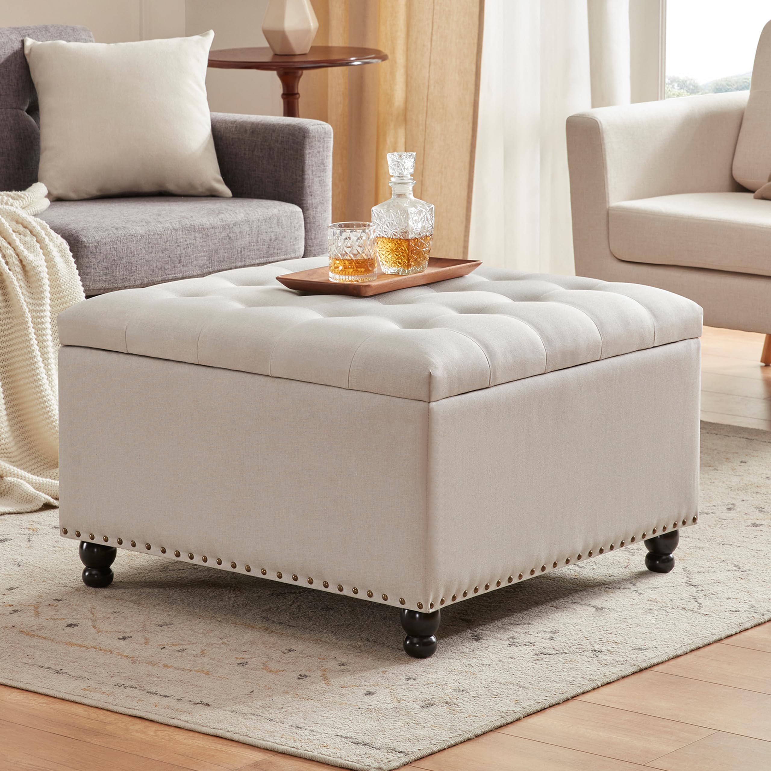 Tbfit Large Square Tufted Upholstered Ottoman Bench with Storage - Multifunctional Coffee Table & Oversized Footrest for Living Room, Bedroom or Dorm - Soft Beige Fabric for Comfortable Seating & Stylish Decor