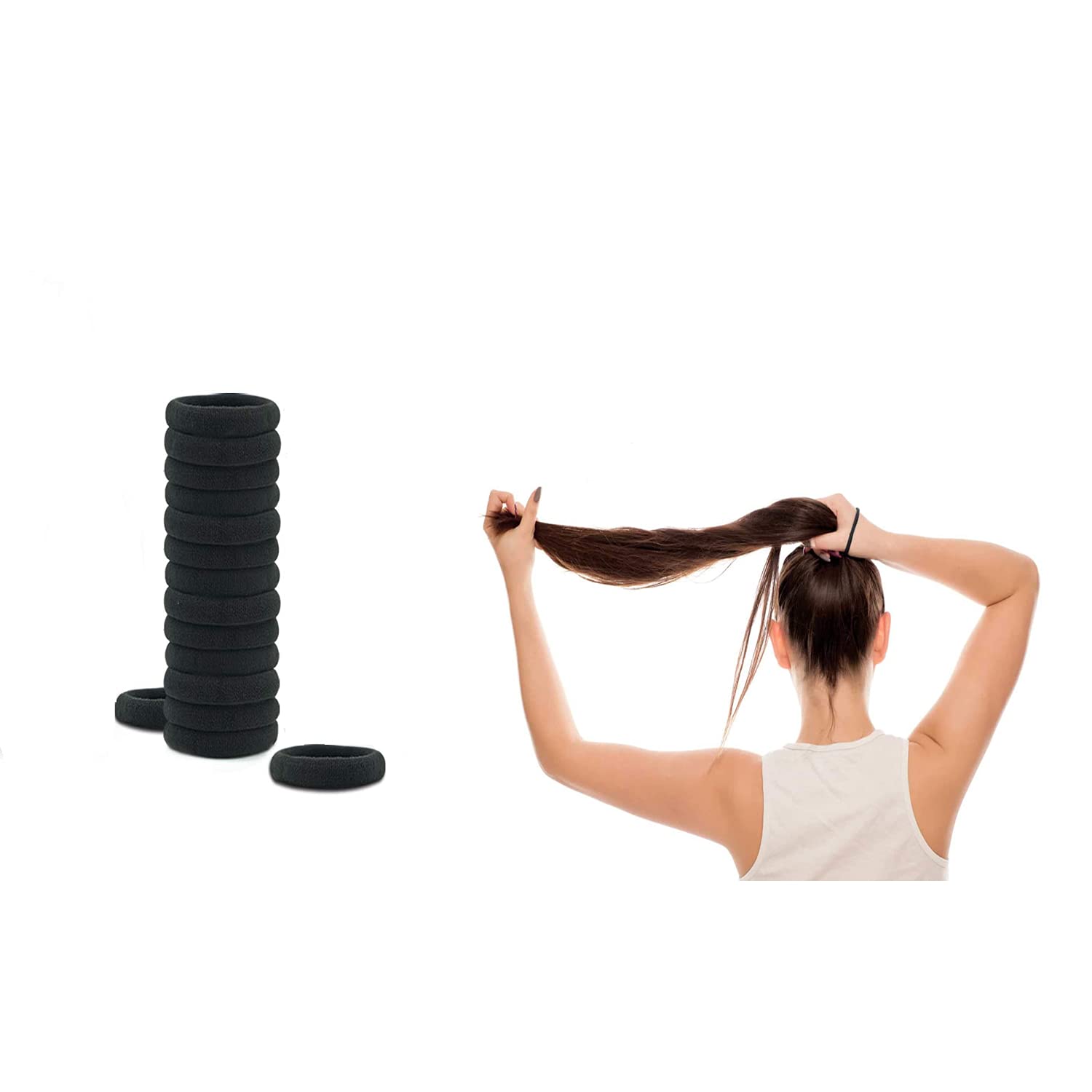 Rlanos Black Elastic Hair Bands - No Metal Ponytail Holders for Thick, Heavy & Curly Hair - Soft Stretch Hair Ties (Pack of 24) - Perfect for Workouts, Yoga, Sports & Everyday Hairstyles