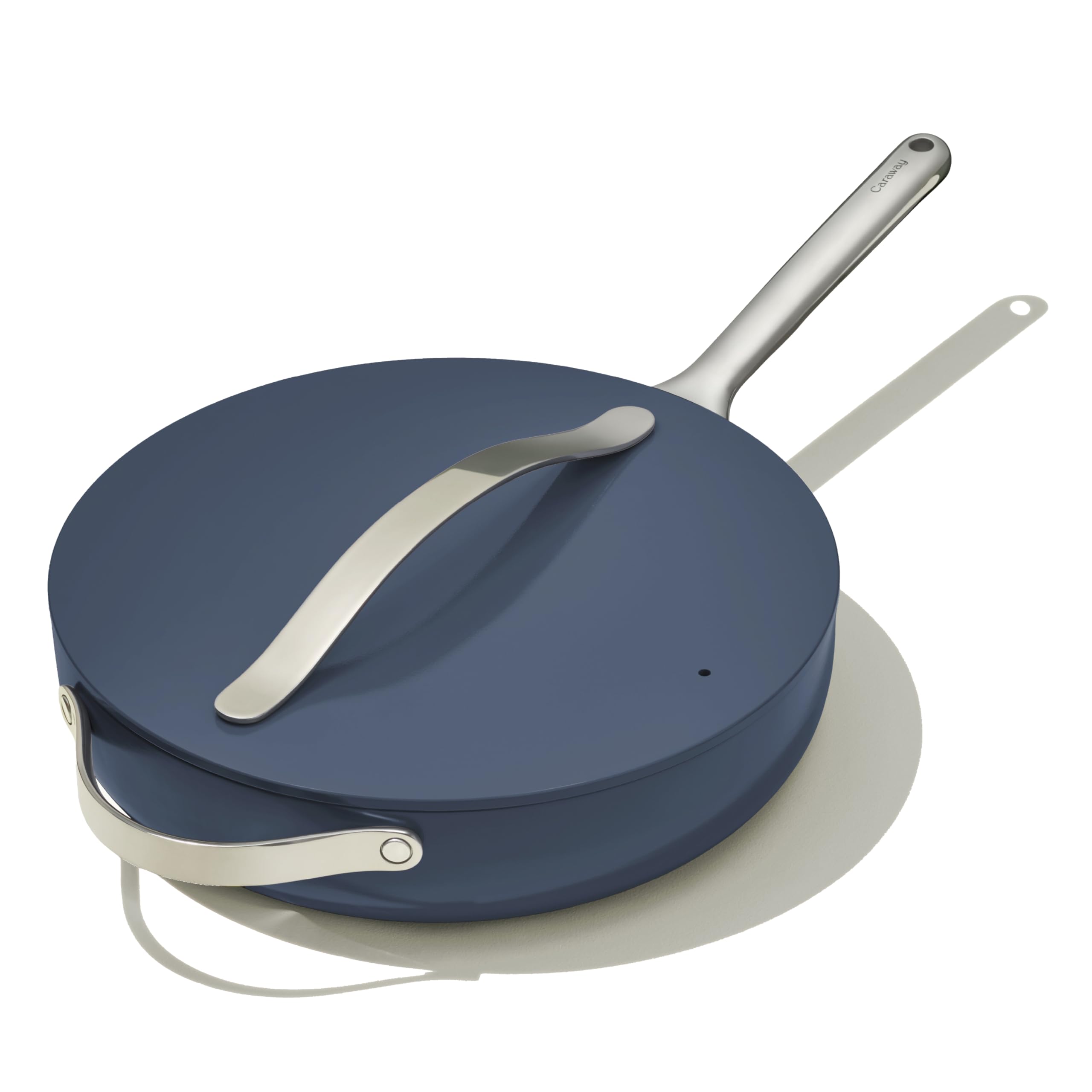 Caraway Nonstick Ceramic Sauté Pan with Lid - 4.5 Quart (11.8 Inch) Oven Safe Cookware - PTFE & PFOA Free, Non Toxic - Works on Gas, Electric & Induction Stovetops - Navy Blue - Perfect for Sautéing, Frying & Baking Healthy Meals