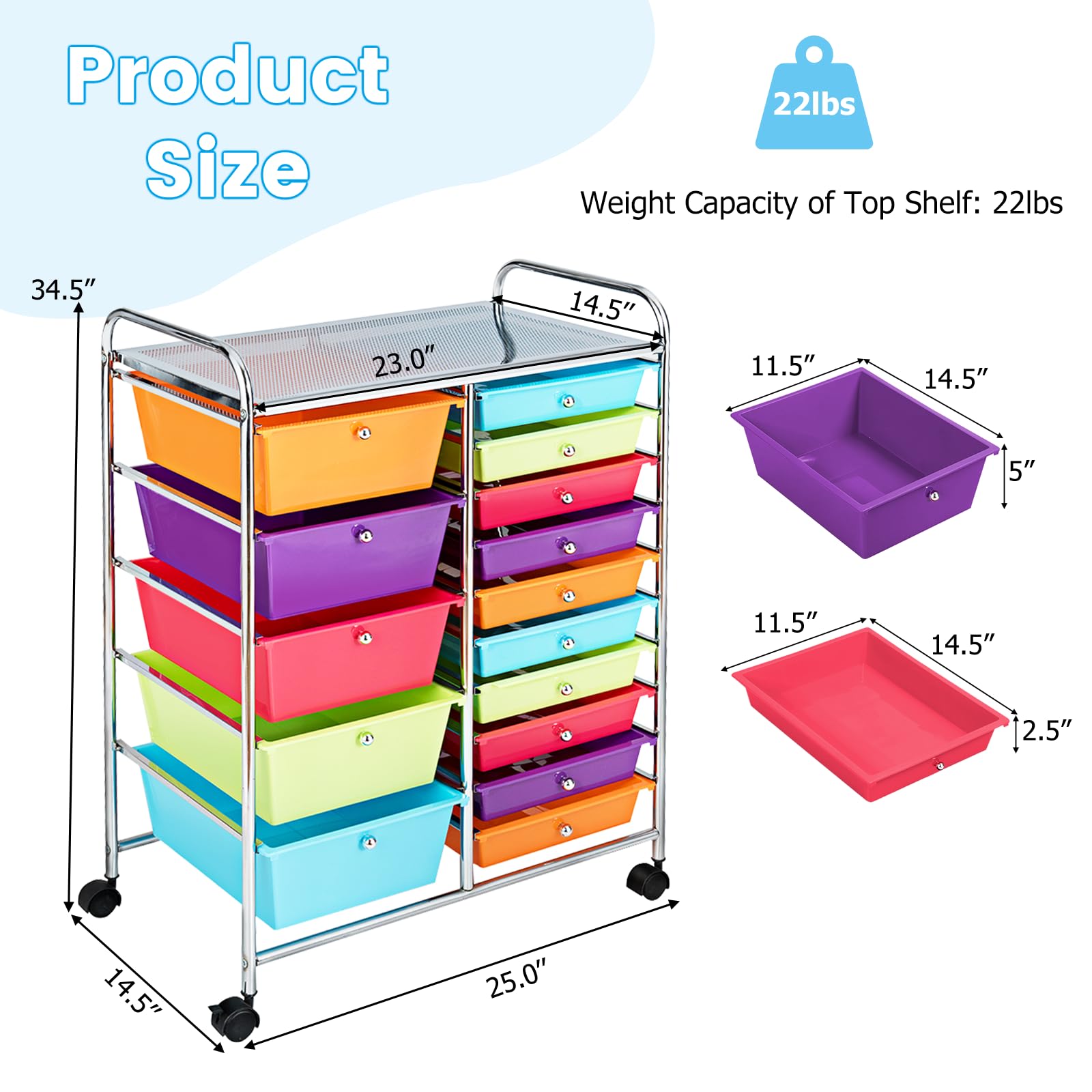 15-Drawer Rolling Storage Cart with Removable Drawers & Sturdy Steel Frame - Multipurpose Utility Organizer Cart with Smooth-Glide Wheels & Ergonomic Handle - Perfect for Home Organization, Classroom Supplies, Office Storage & Retail Displays