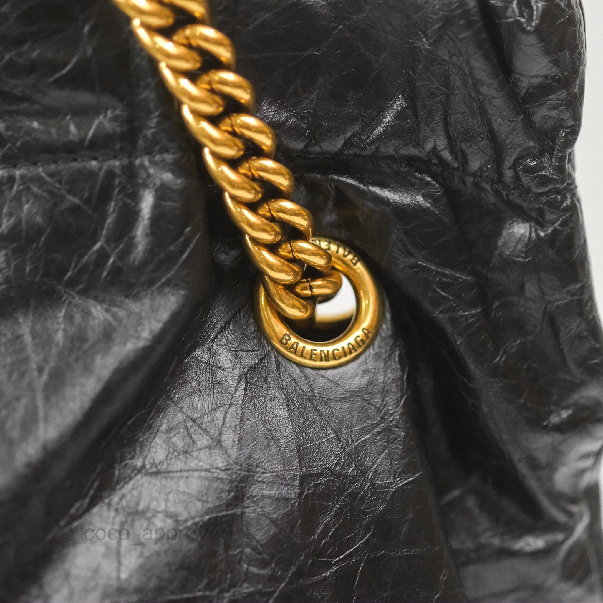 Balenciaga Small Crush Tote Bag in Black Calfskin with Aged Gold Hardware - Stylish Designer Handbag for Women, Perfect for Work, Travel & Everyday Use