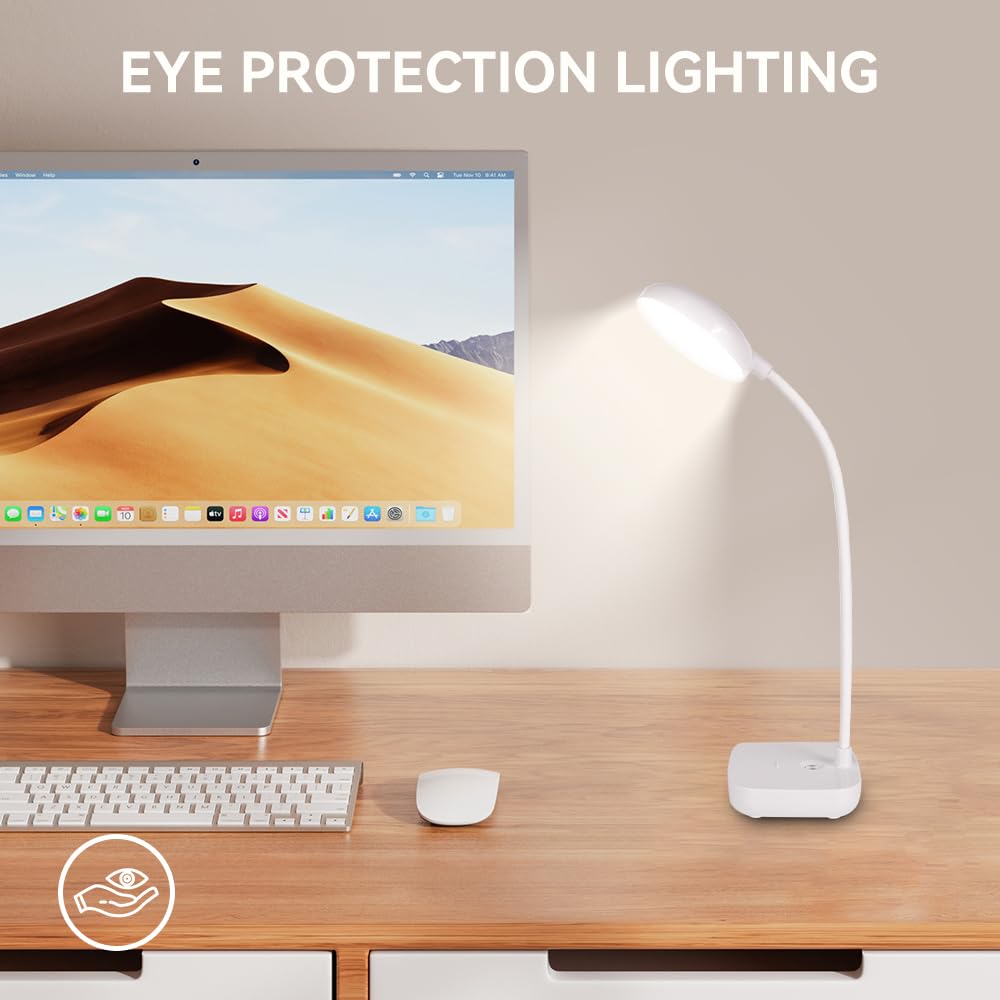 Rechargeable Battery-Powered Small Desk Lamp with 3 Light Colors (Warm White) - 10 Adjustable Brightness Levels, 400 Lumens, Flexible Gooseneck - Eye Protection LED Light for Home Office, Bedroom, Dorm & Study Spaces