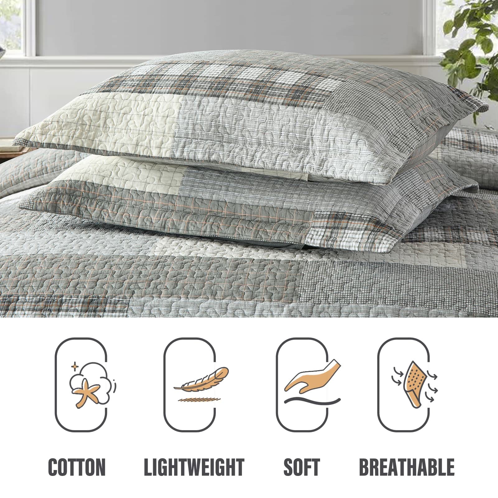 100% Cotton King Size Quilt Set - Soft Plaid Bedspread & Farmhouse Style Bedding | 3-Piece All Season Comforter Set for Master Bedroom, Guest Room & Cozy Home Decor