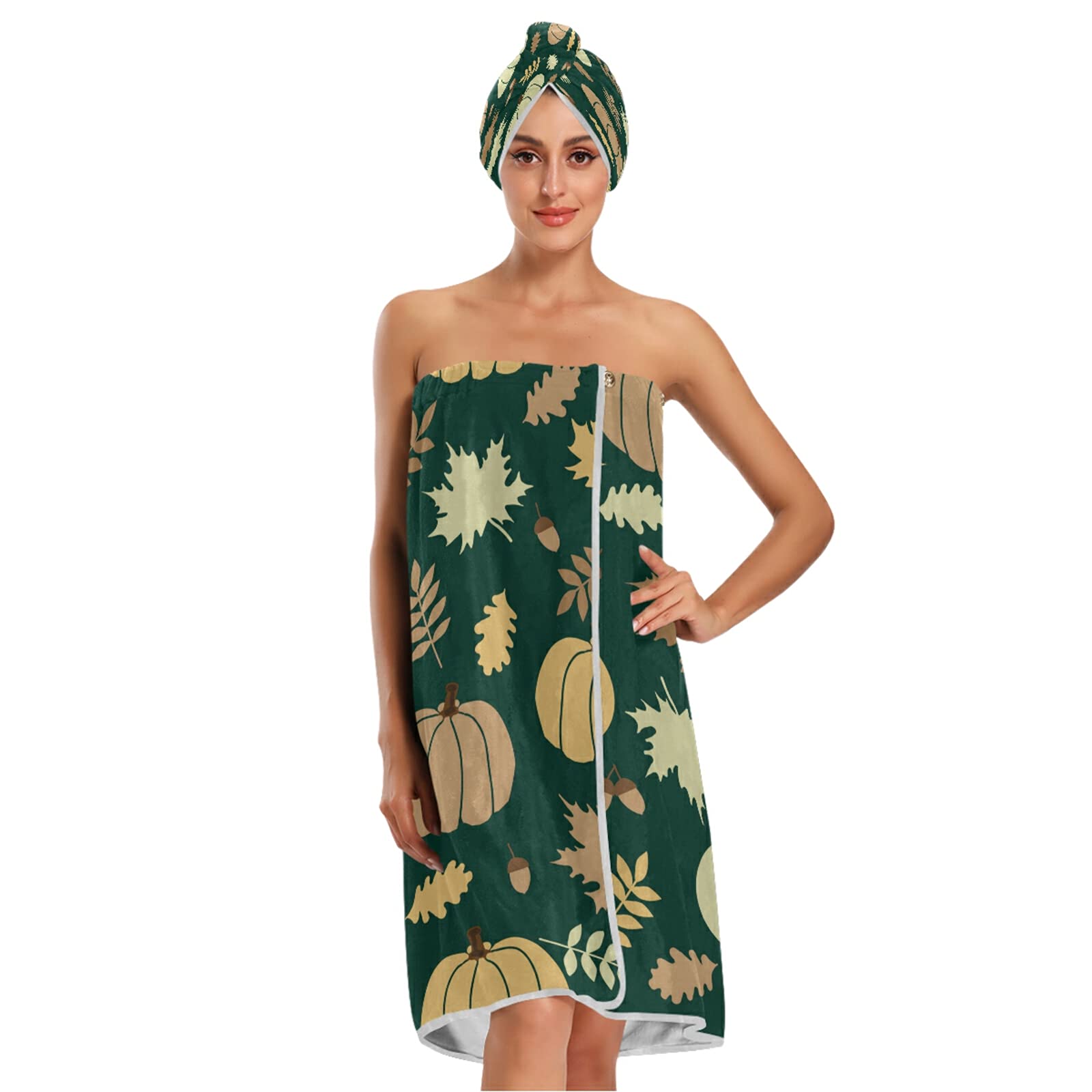 Hunter Green Pumpkins Autumn Bath Towel Wrap Set - Quick Dry Hair Towel & Adjustable Women's Bathrobe for Shower, Spa, Thanksgiving | Cozy Fall Loungewear & Home Relaxation