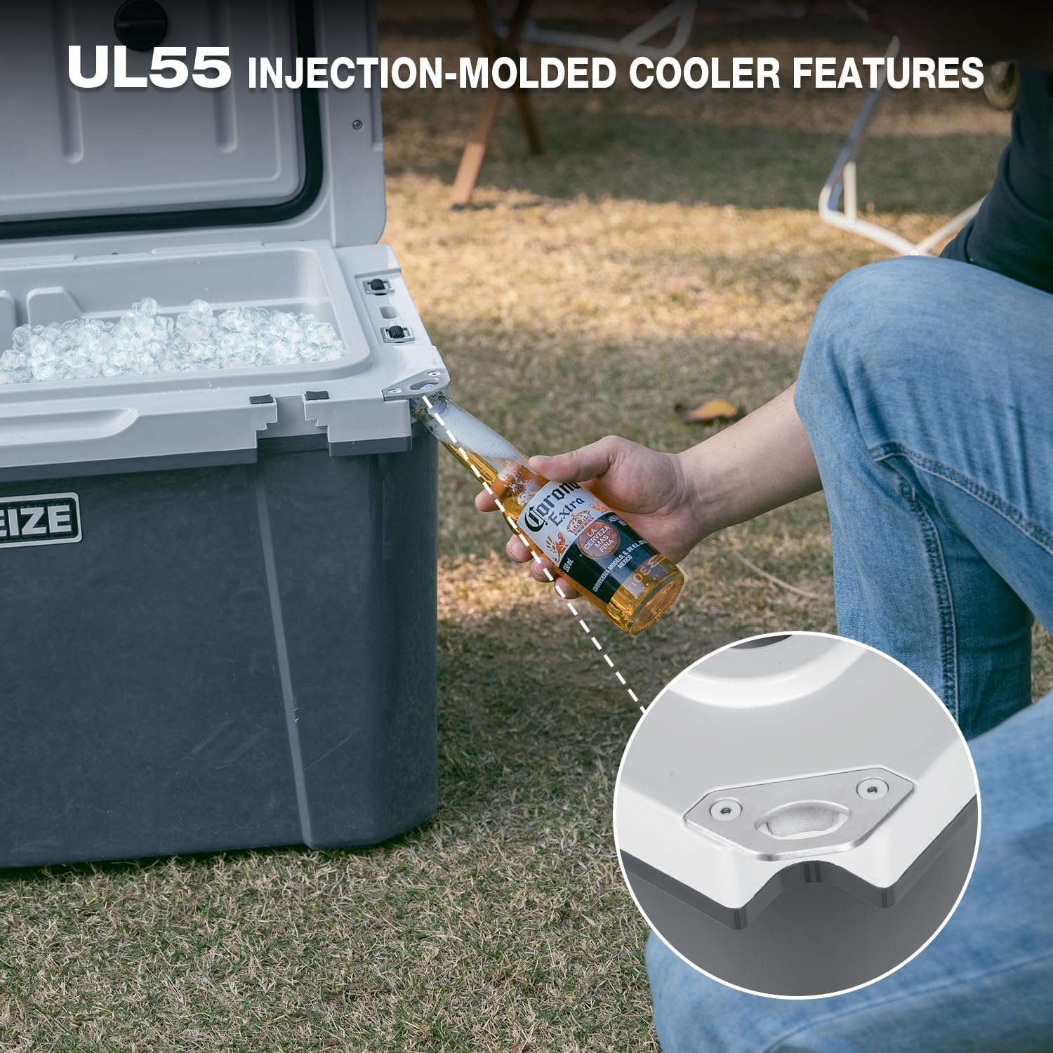 WEIZE 55 Quart Ultra Light Hard Cooler - Insulated Ice Chest Box with Bottle Opener, Keeps Ice Cold for 8 Days - Portable for Camping, Beach, Picnics & Outdoor Adventures (Grey)